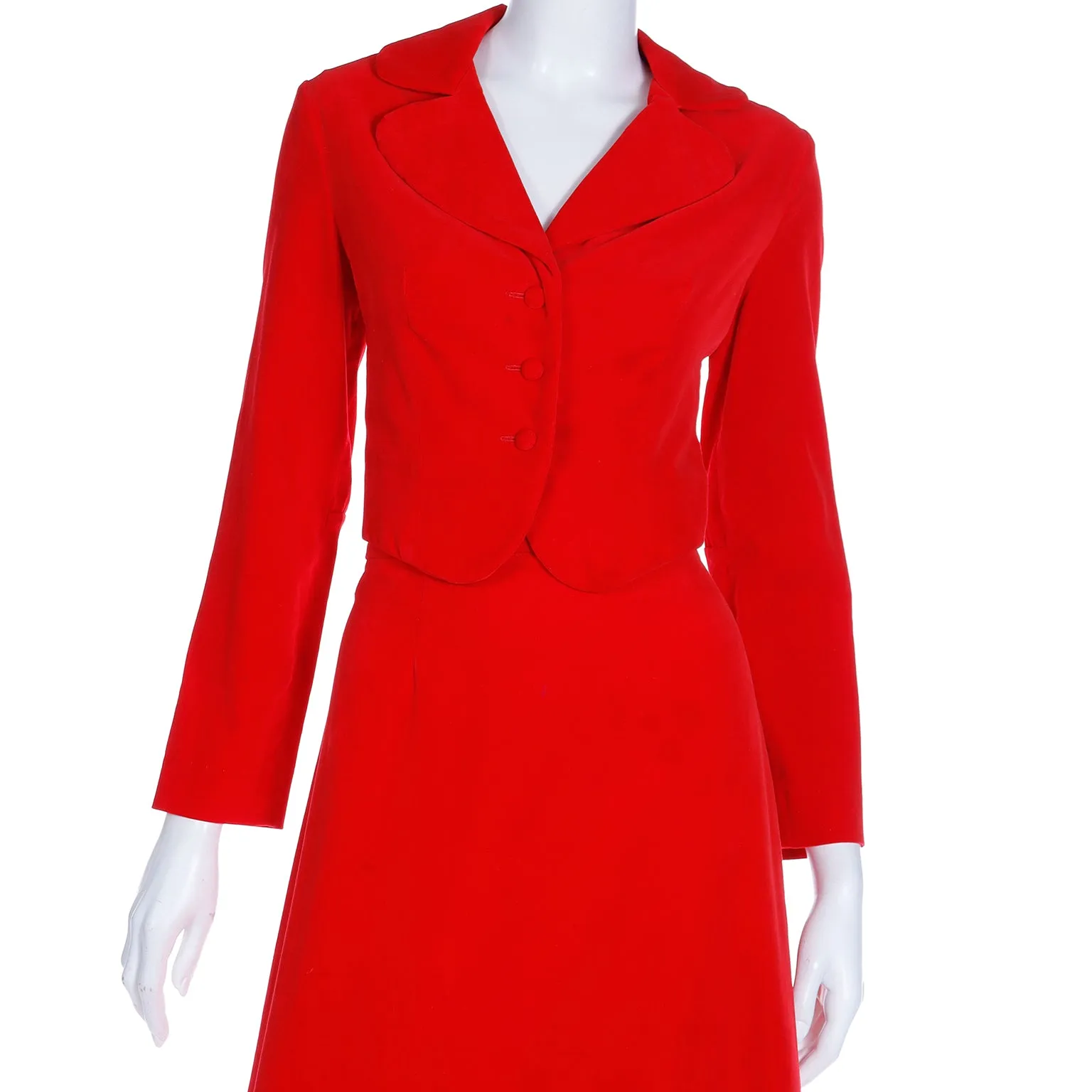 1970s Red Velvet 2pc Dress w Cropped Jacket & Quilted Maxi Skirt