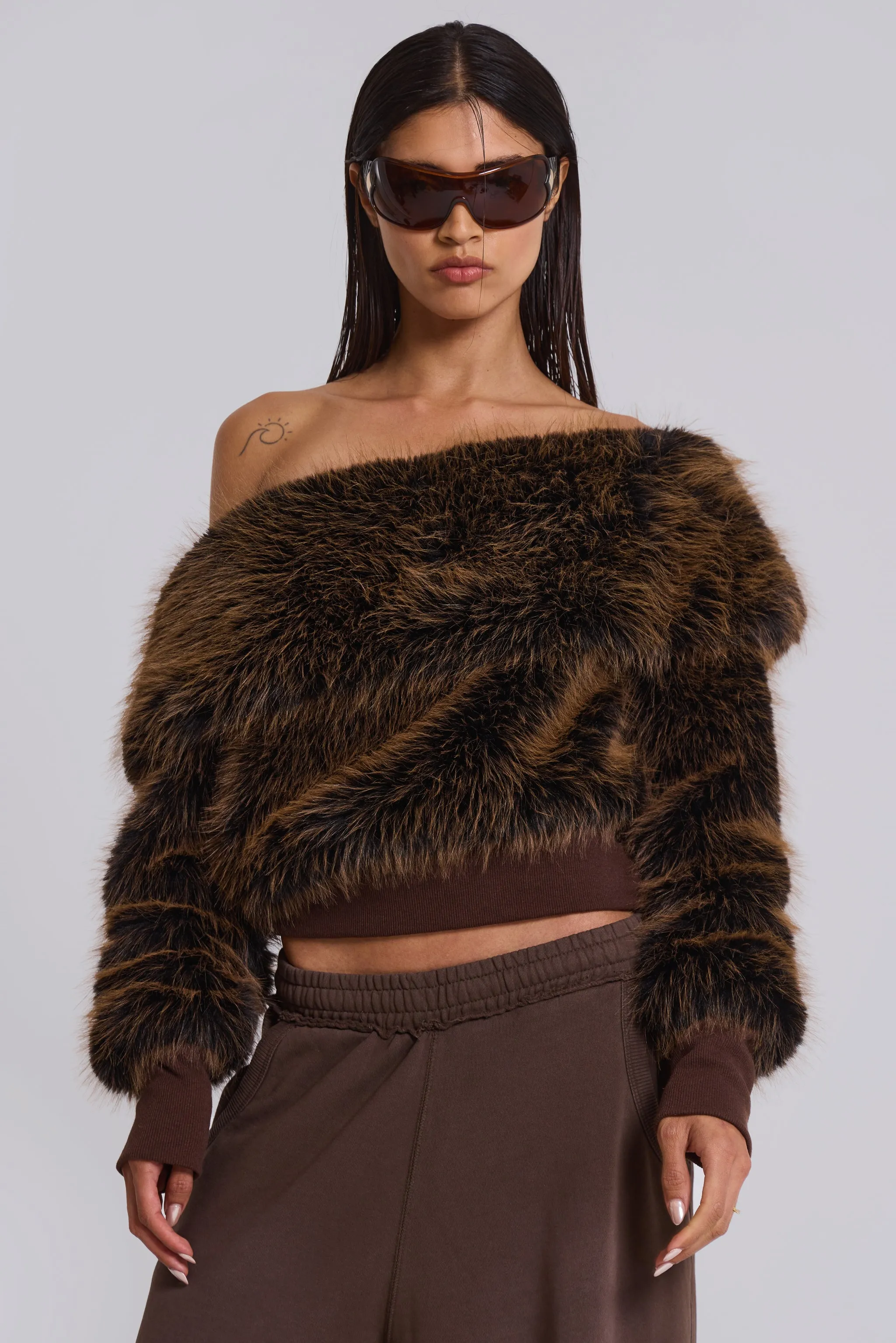 316 Off The Shoulder Fur Jumper in Brown