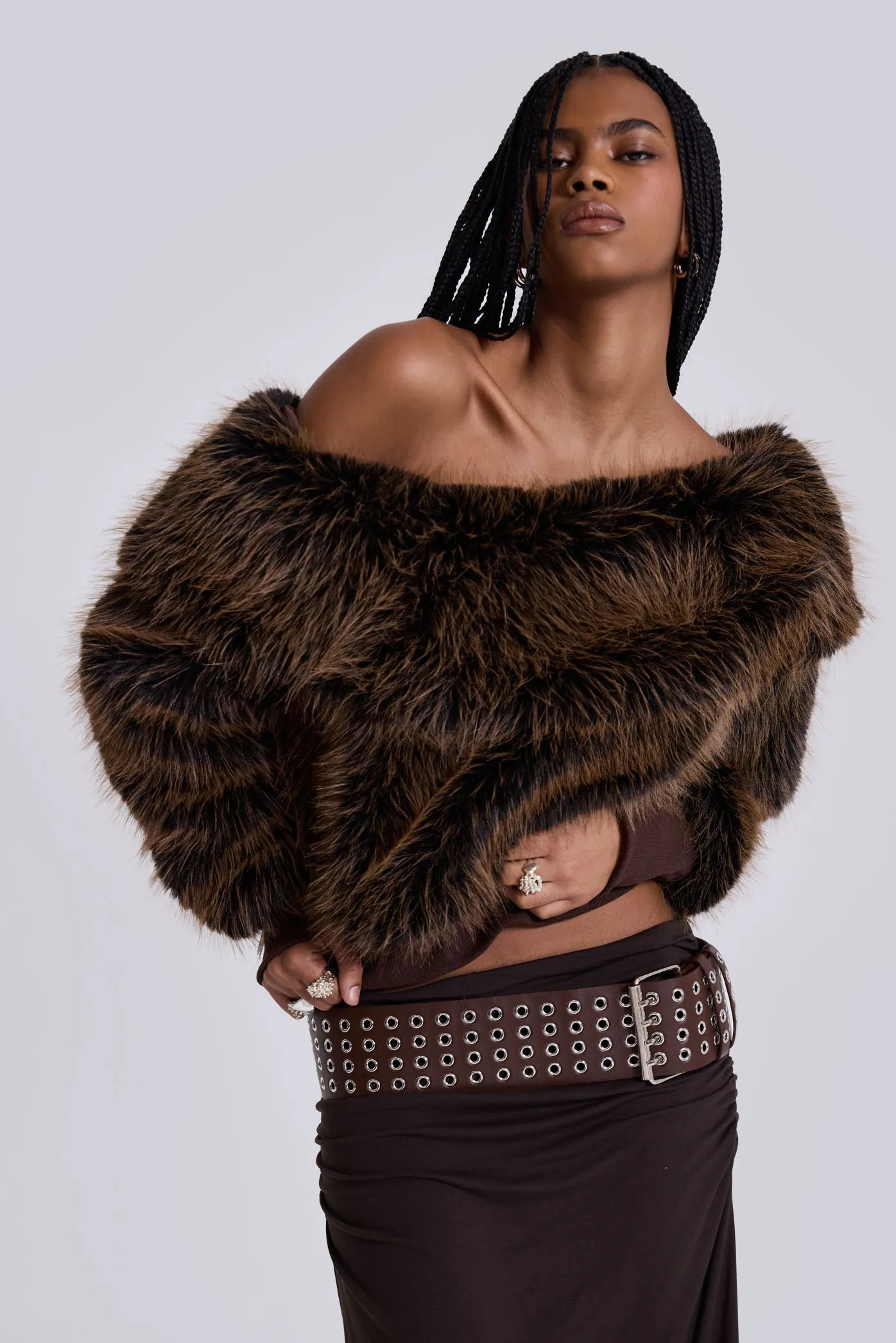 316 Off The Shoulder Fur Jumper in Brown