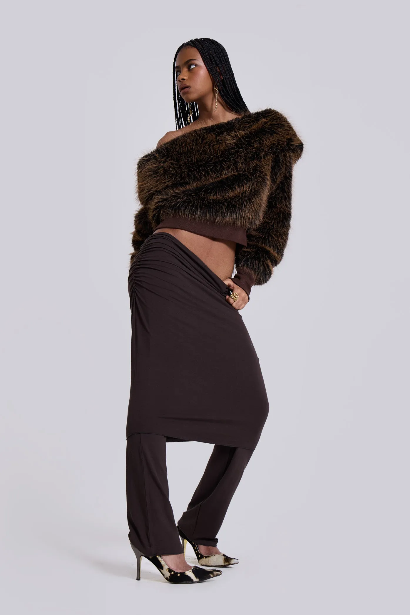 316 Off The Shoulder Fur Jumper in Brown