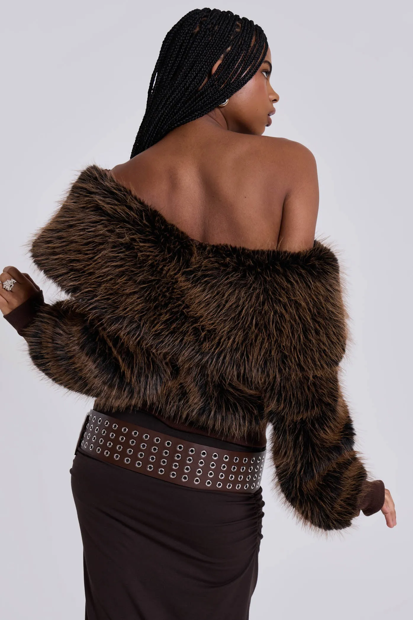 316 Off The Shoulder Fur Jumper in Brown