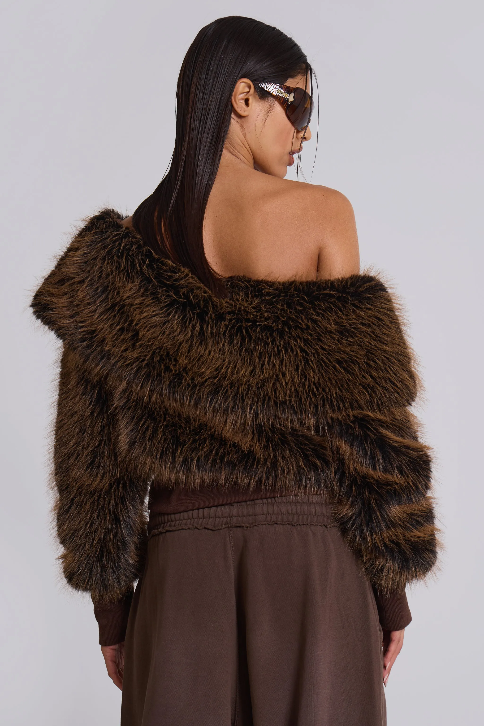 316 Off The Shoulder Fur Jumper in Brown