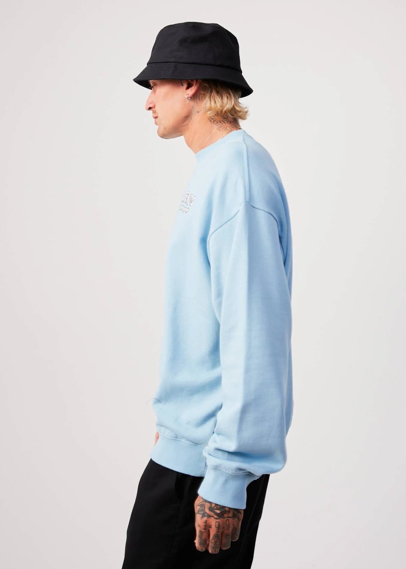 AFENDS Mens Flowers - Crew Neck Jumper - Sky Blue