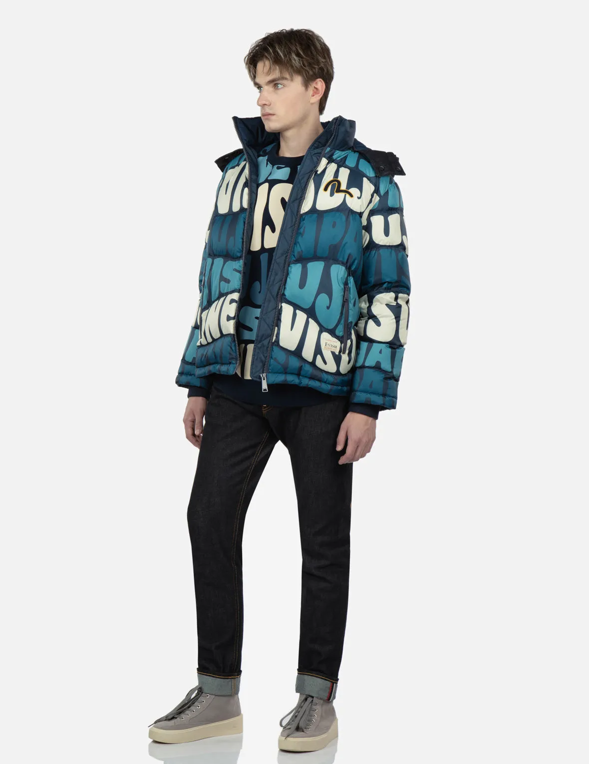 Allover Wavy Text Print Down Jacket