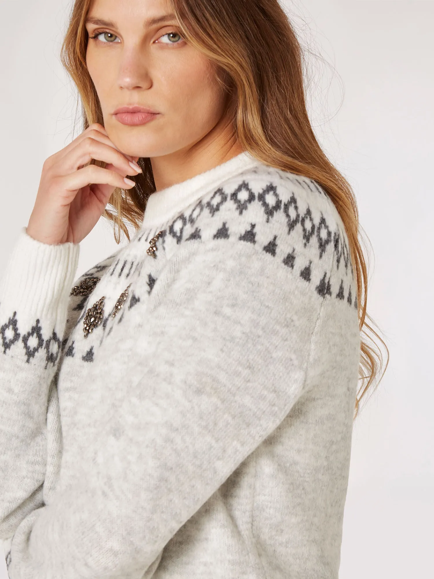 Apricot Fair Isle Gem Embellished Sweater