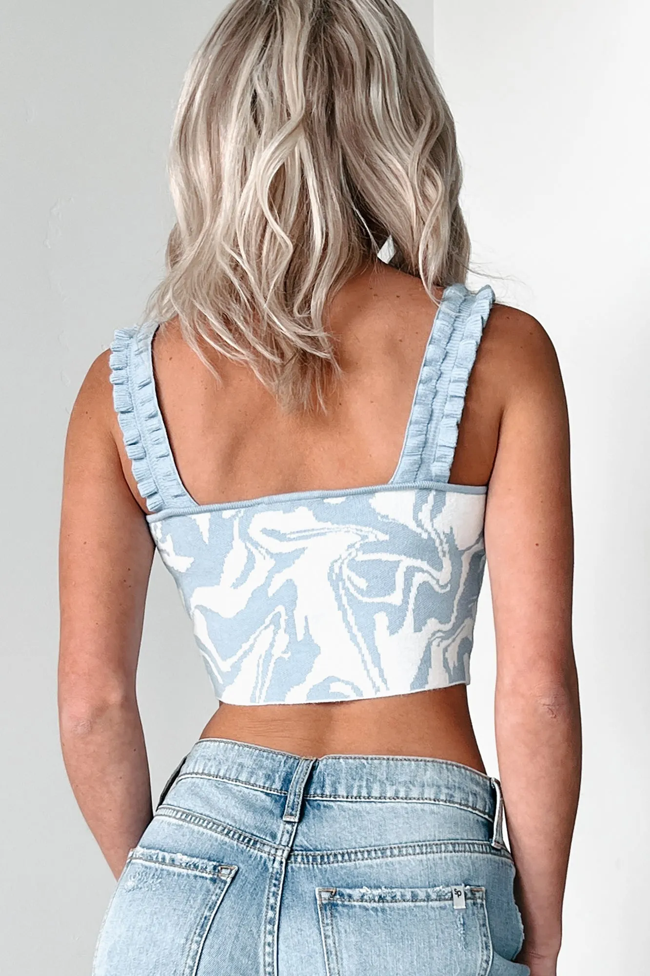 Authentic Reactions Ruffle Strap Crop Top (Light Blue/White)