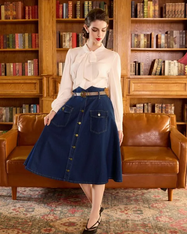 Button-up Skirt with Belt High Waist Flared A-Line Jean Skirt