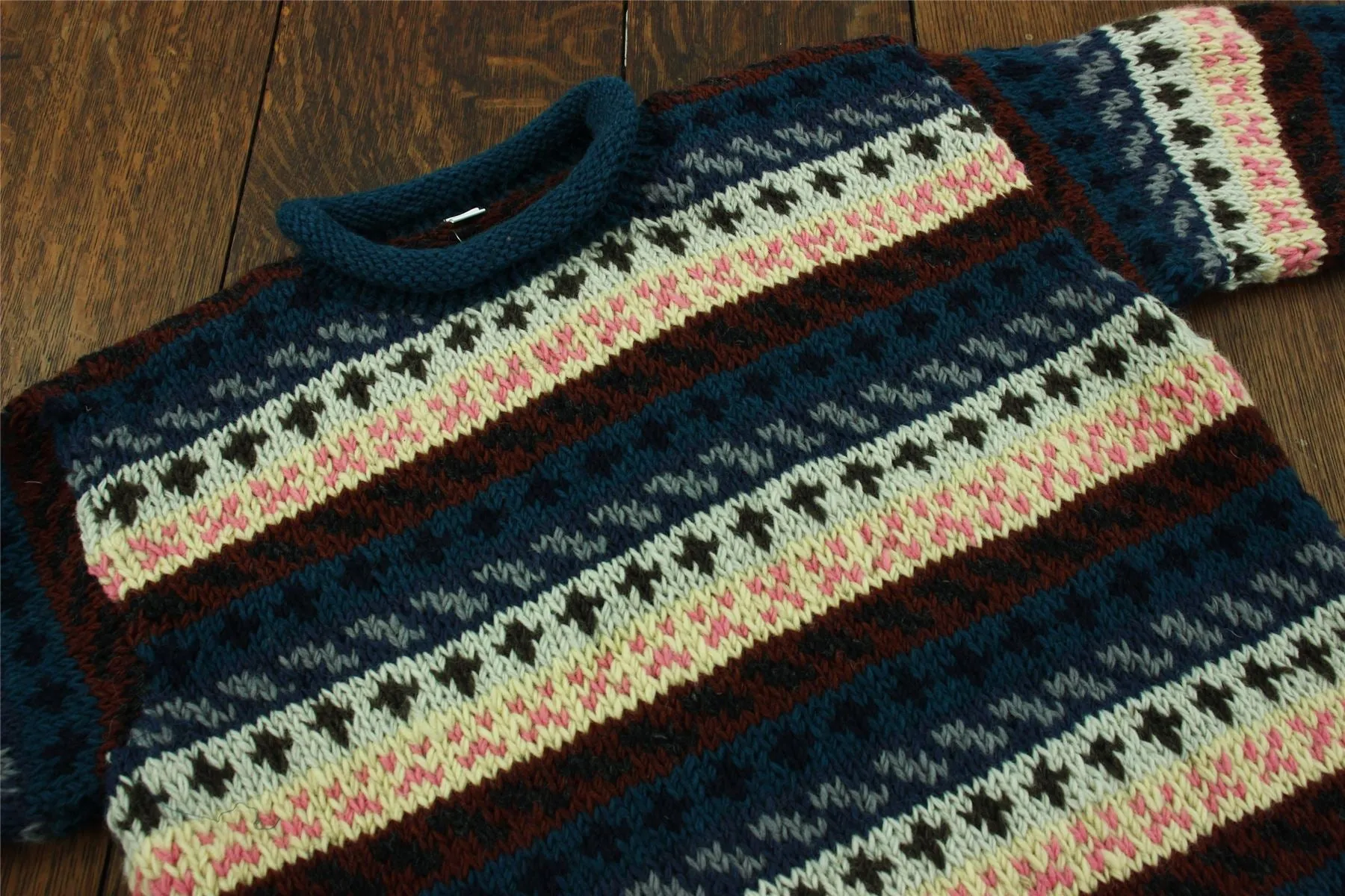 Chunky Wool Knit Jumper - Stripe Navy Pink Pattern