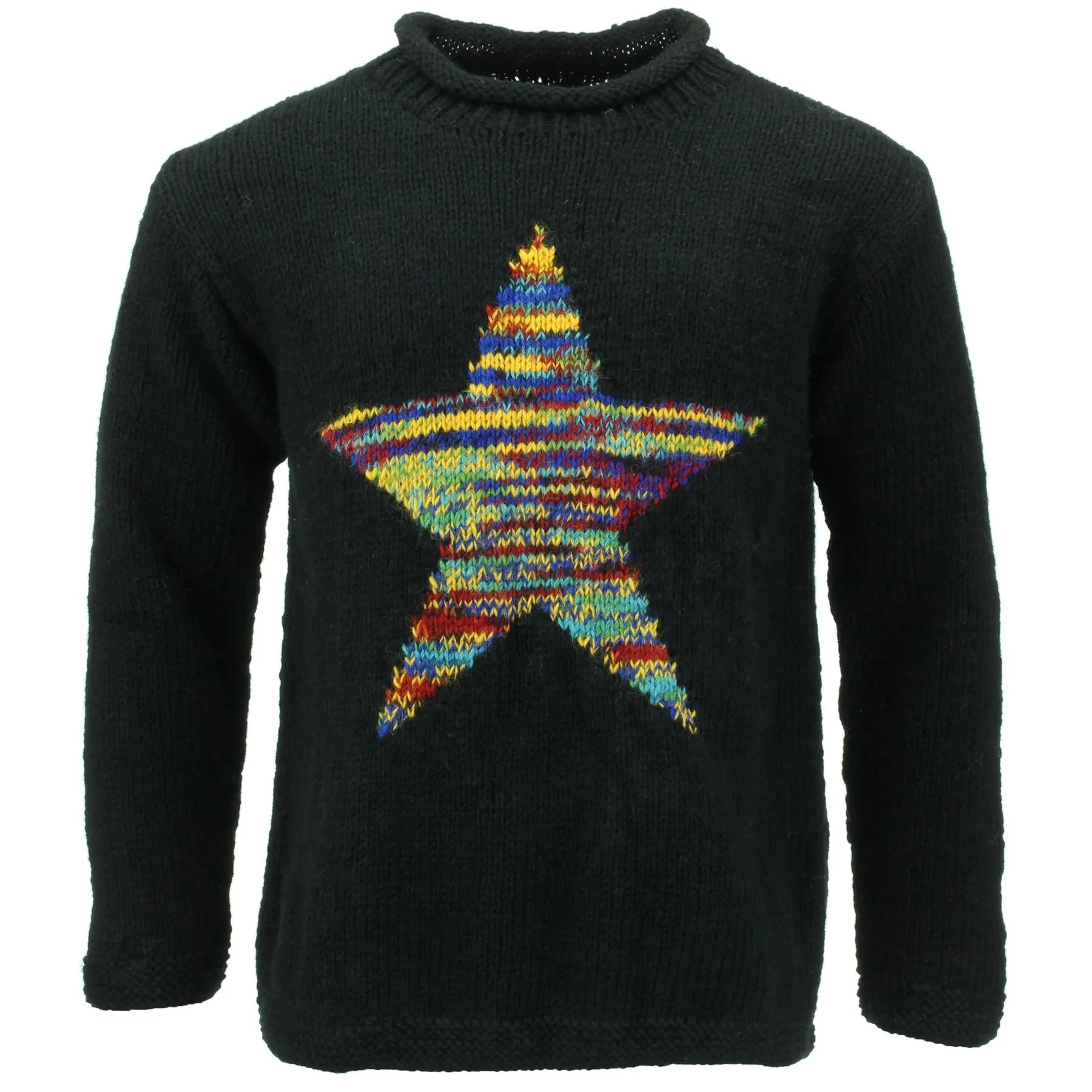 Chunky Wool Knit Star Jumper - Black & Rainbow Space Dye