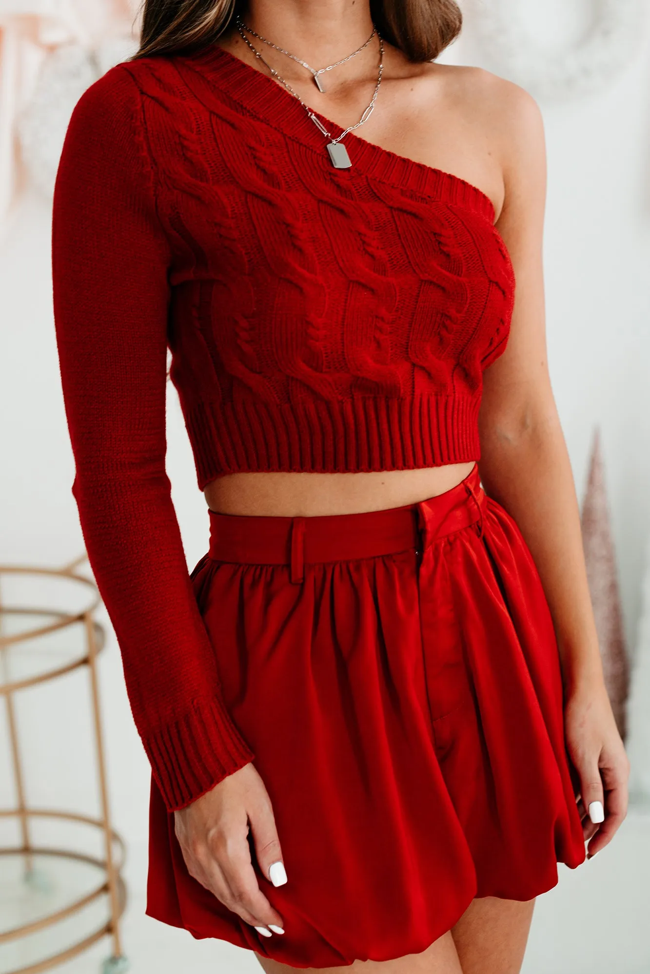 Coolest On The Block One-Shoulder Cropped Sweater (Brick)