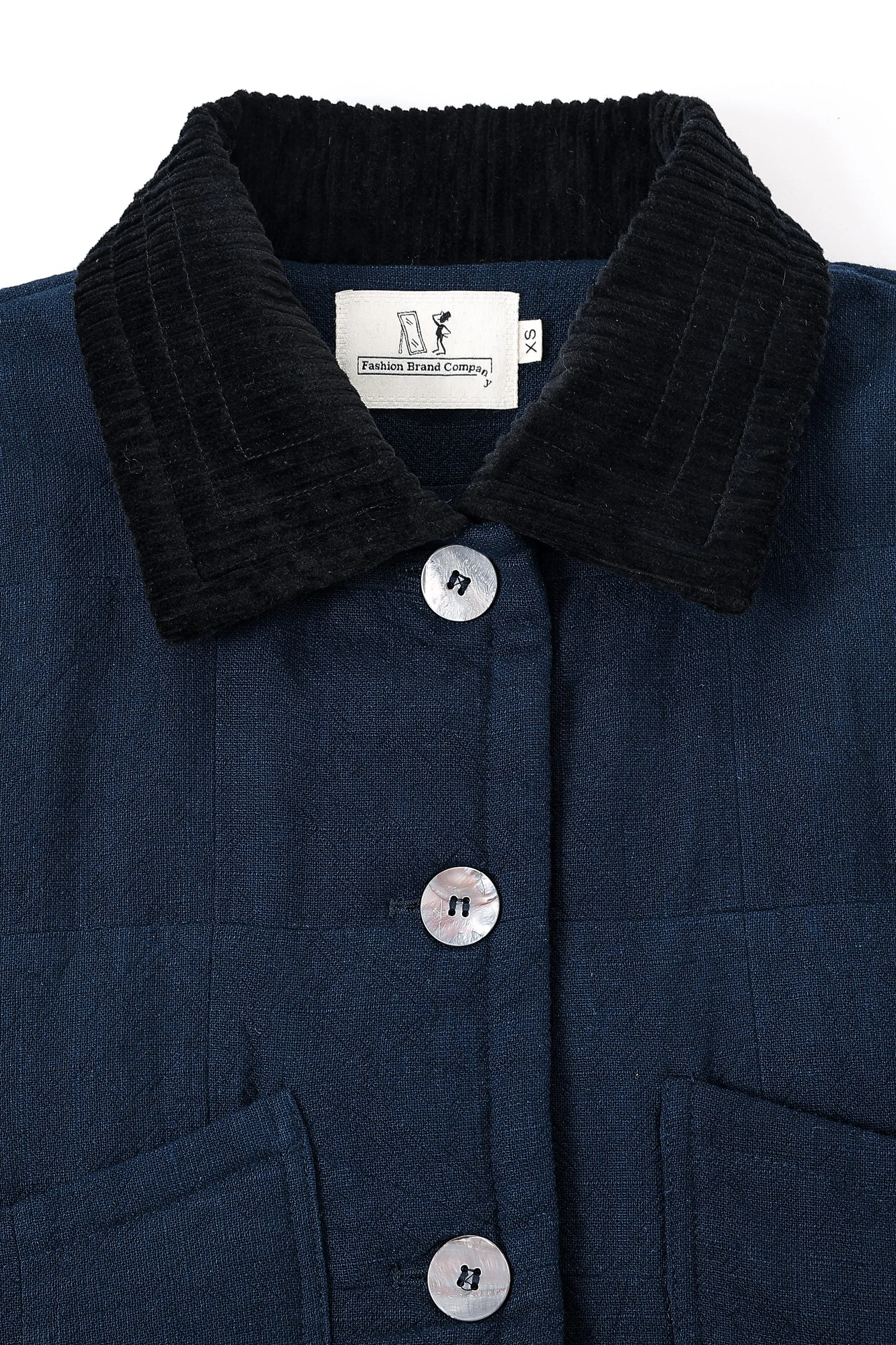 Cord Collar Navy Linen Quilted Barn Jacket