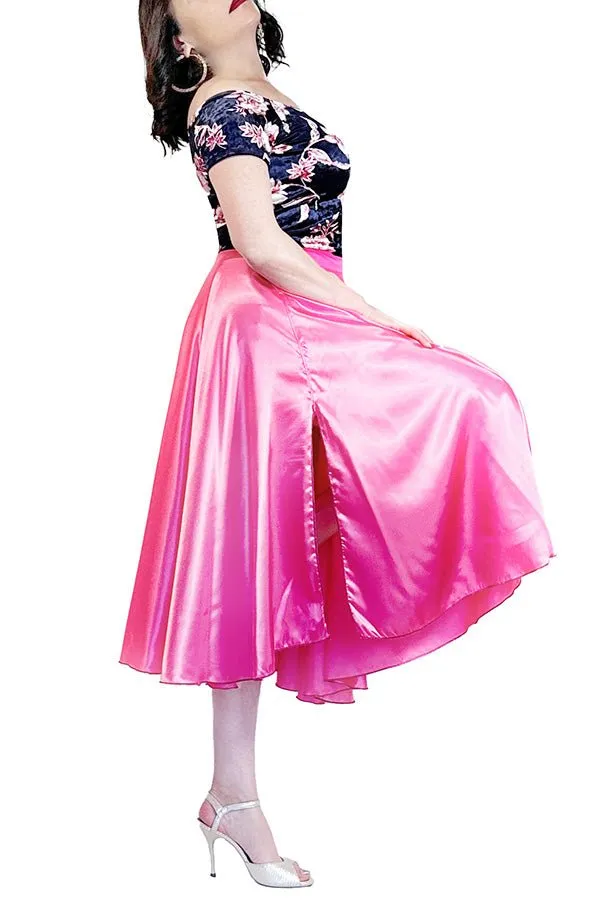 creamy pink satin full circle skirt with slits