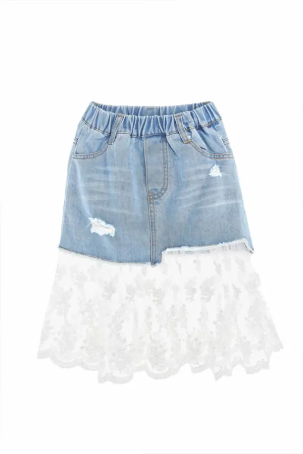 Distress Denim Skirt with Lace Extension