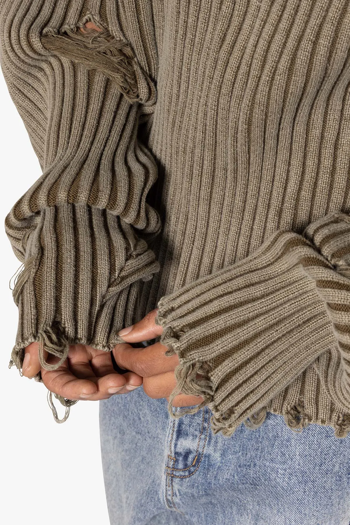 Distressed Crop Knit Sweater - Olive