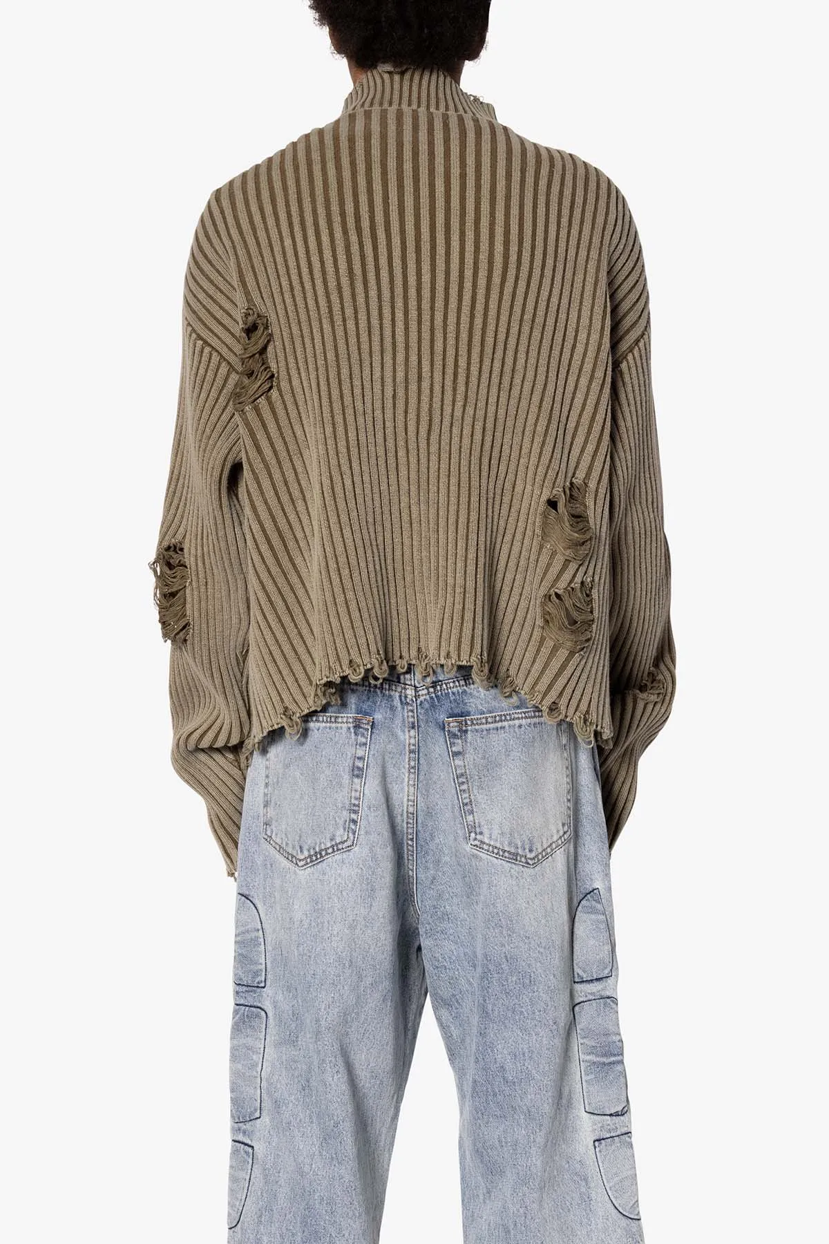 Distressed Crop Knit Sweater - Olive