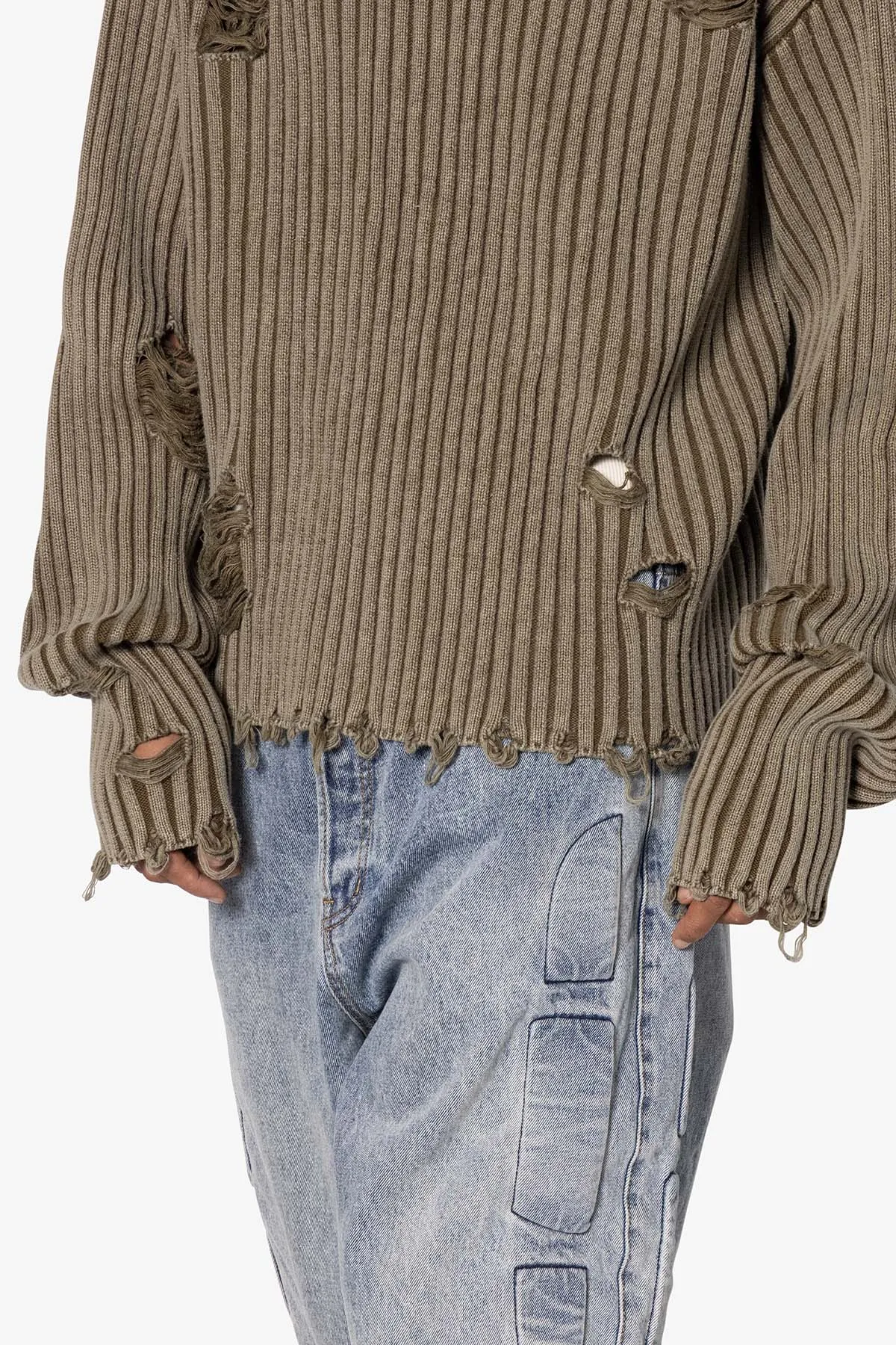 Distressed Crop Knit Sweater - Olive