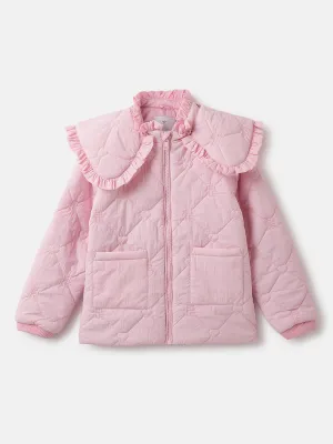 Elle Girls Pink Solid High Neck Full Sleeves Quilted Jacket