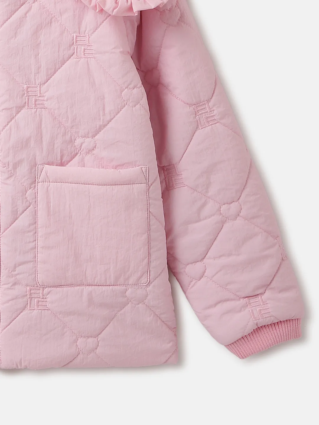 Elle Girls Pink Solid High Neck Full Sleeves Quilted Jacket