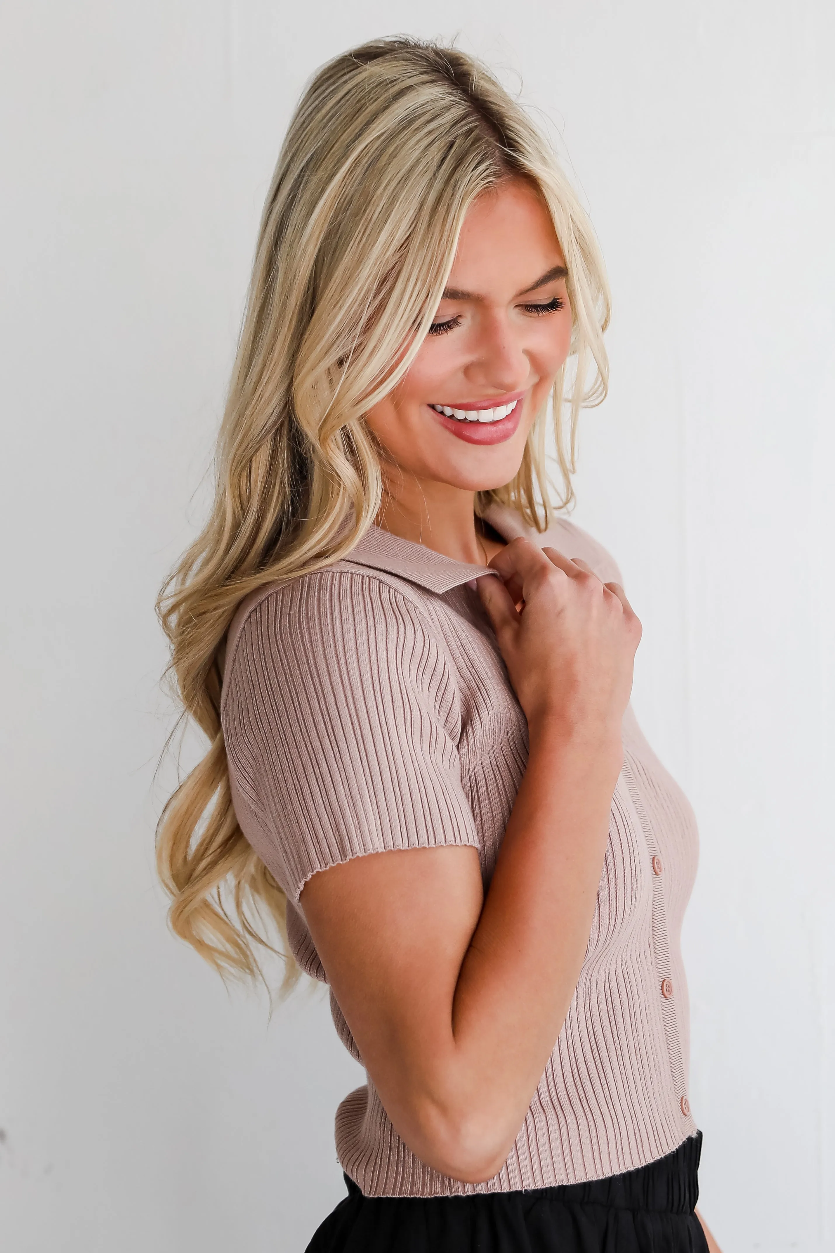 FINAL SALE - Breezy Finesse Tan Ribbed Knit Collared Top - DU DEAL