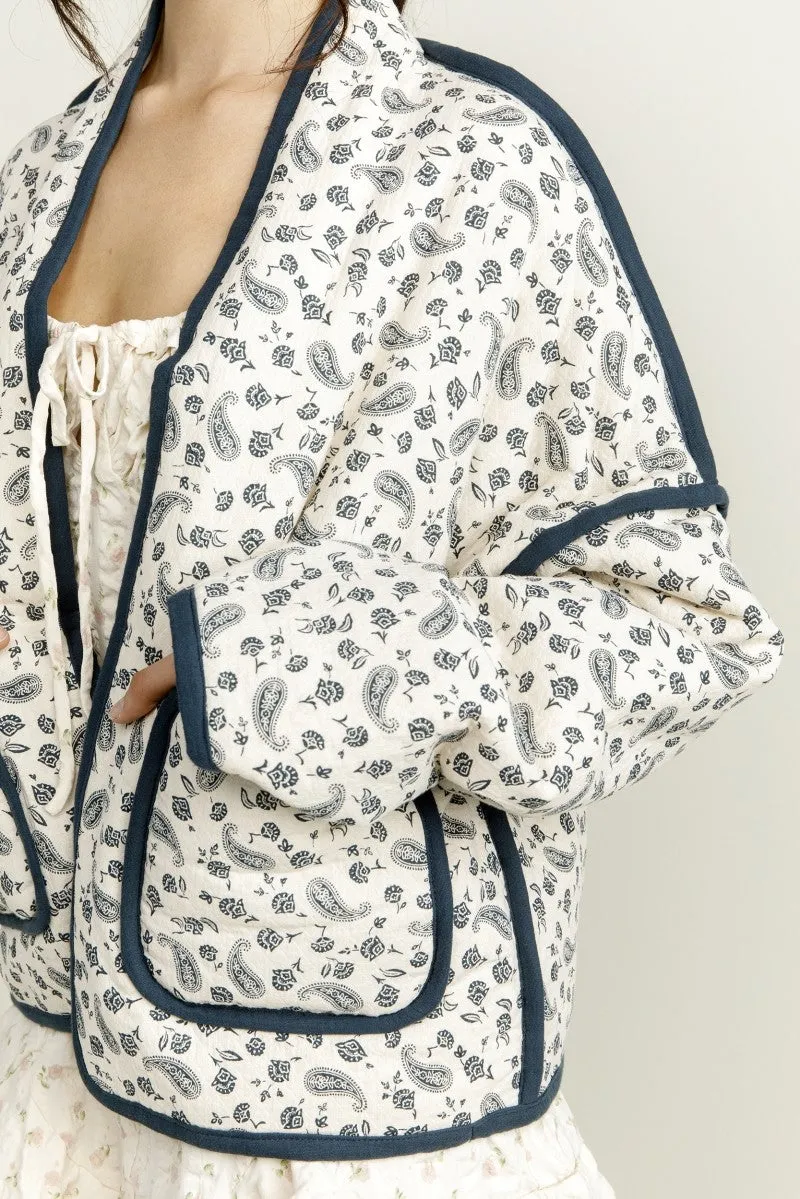 Floral Quilted Pockets Jacket White Blue