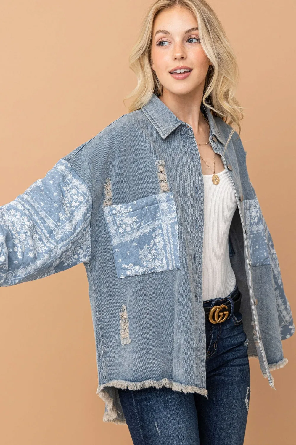 Full Size Paisley Print Quilted Sleeves Denim Jacket