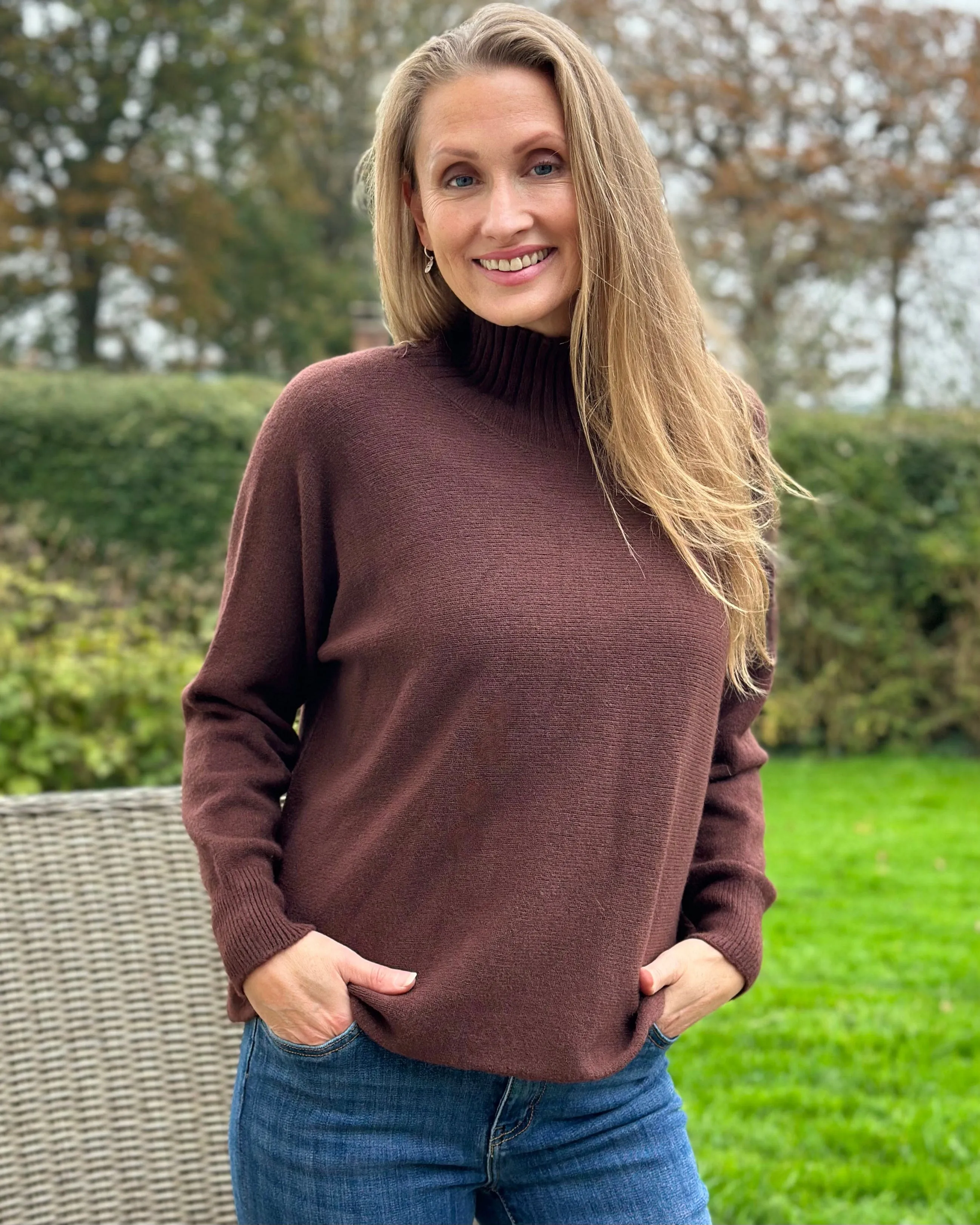 Funnel Neck Soft Knit Long Sleeve Jumper - Chocolate Brown