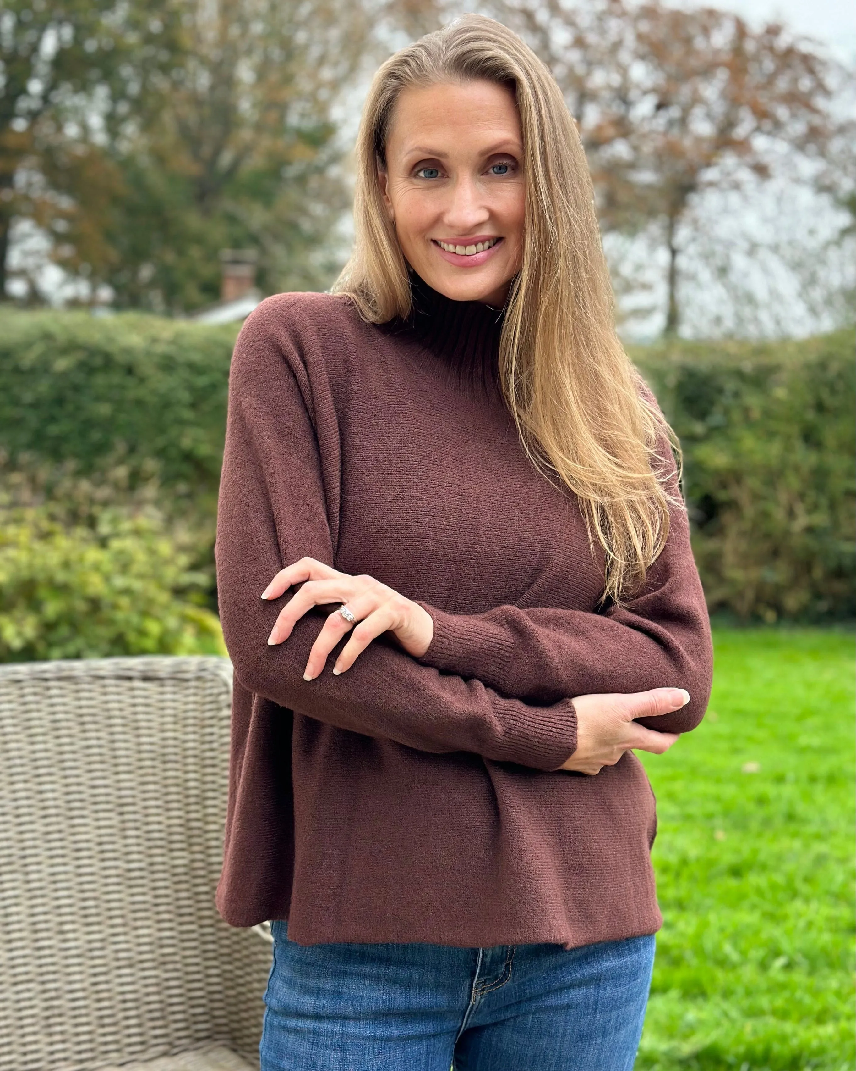 Funnel Neck Soft Knit Long Sleeve Jumper - Chocolate Brown