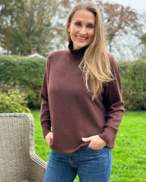 Funnel Neck Soft Knit Long Sleeve Jumper - Chocolate Brown