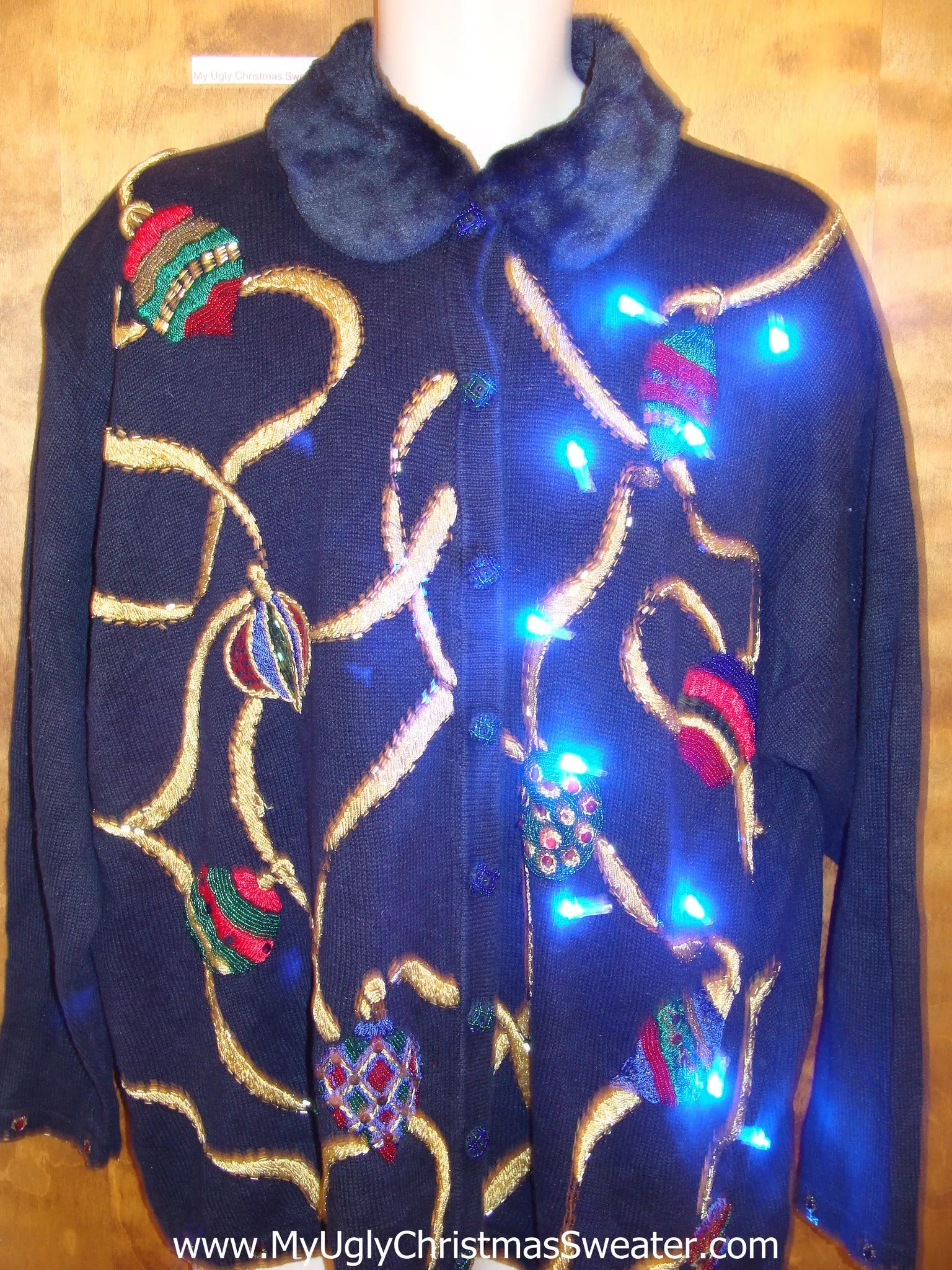 Furry Collar Light Up Ugly Xmas Sweater 3XL