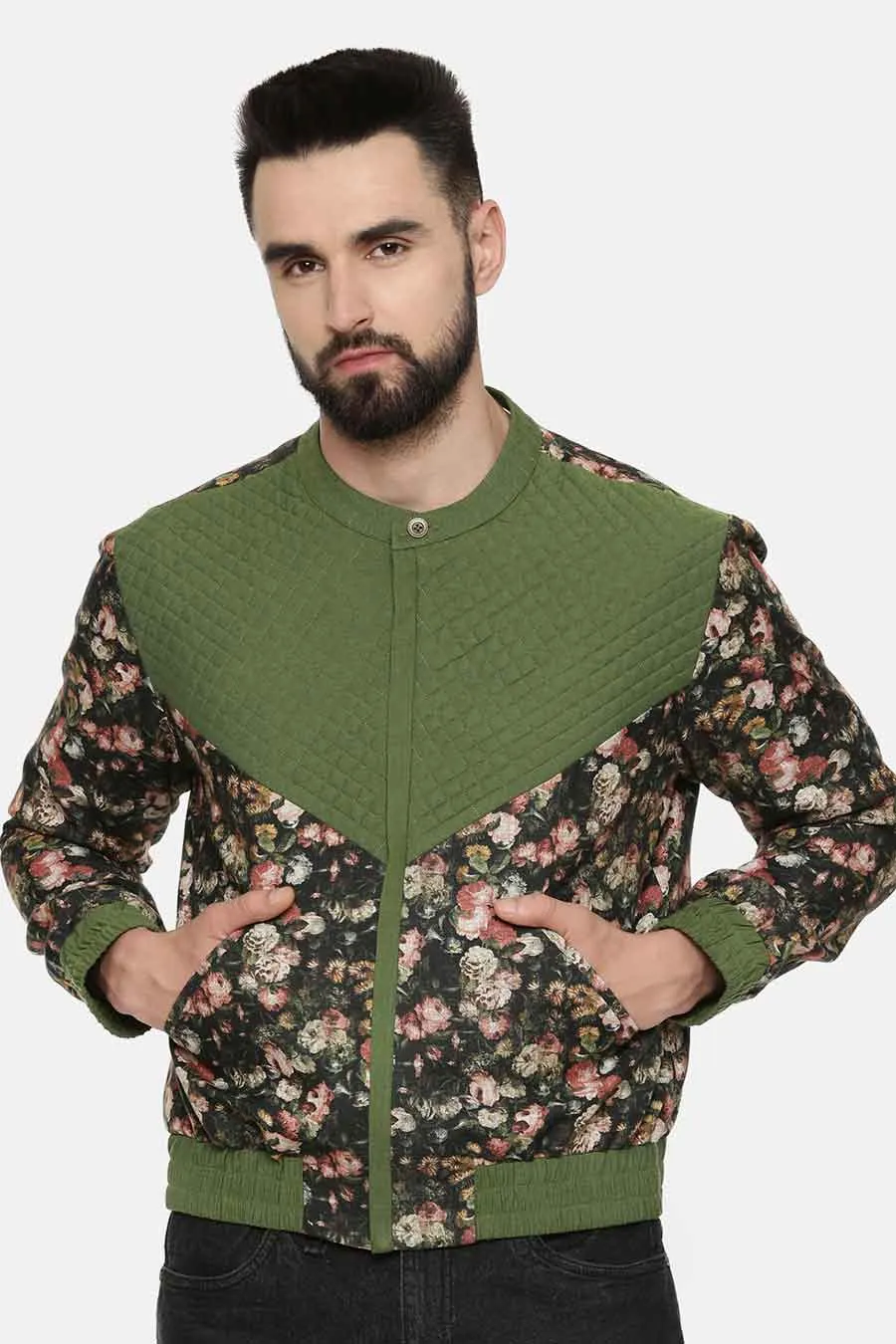 Green Print Quilted Bomber Jacket