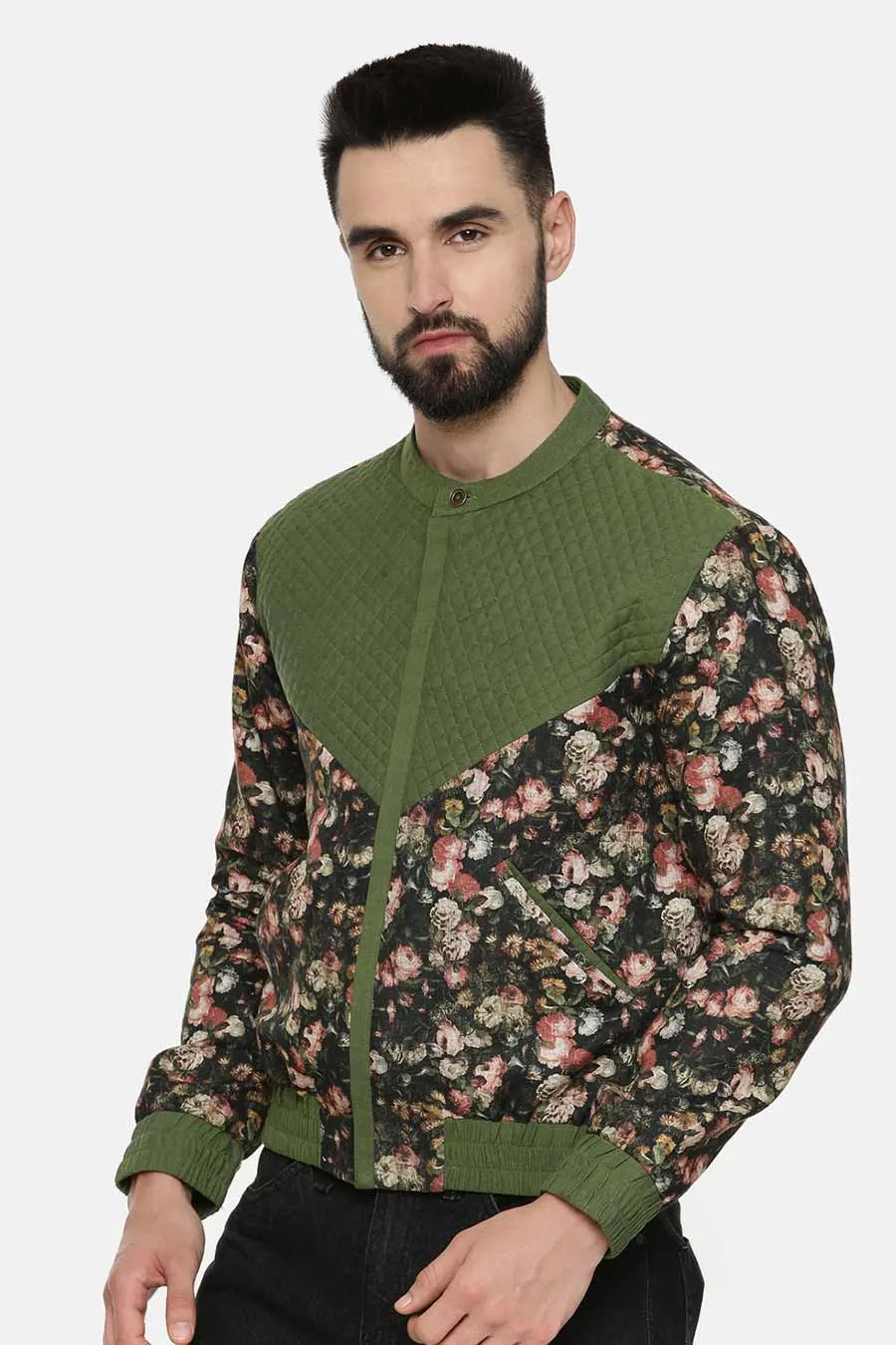 Green Print Quilted Bomber Jacket