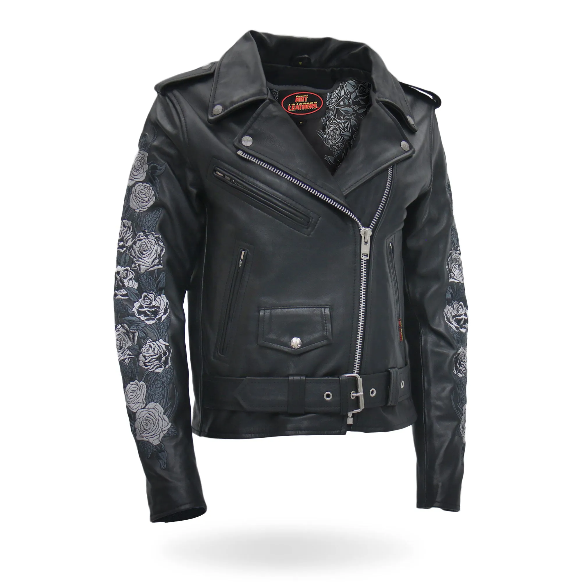 Hot Leathers Rose Embroidered Ladies Motorcycle Style Leather Jacket