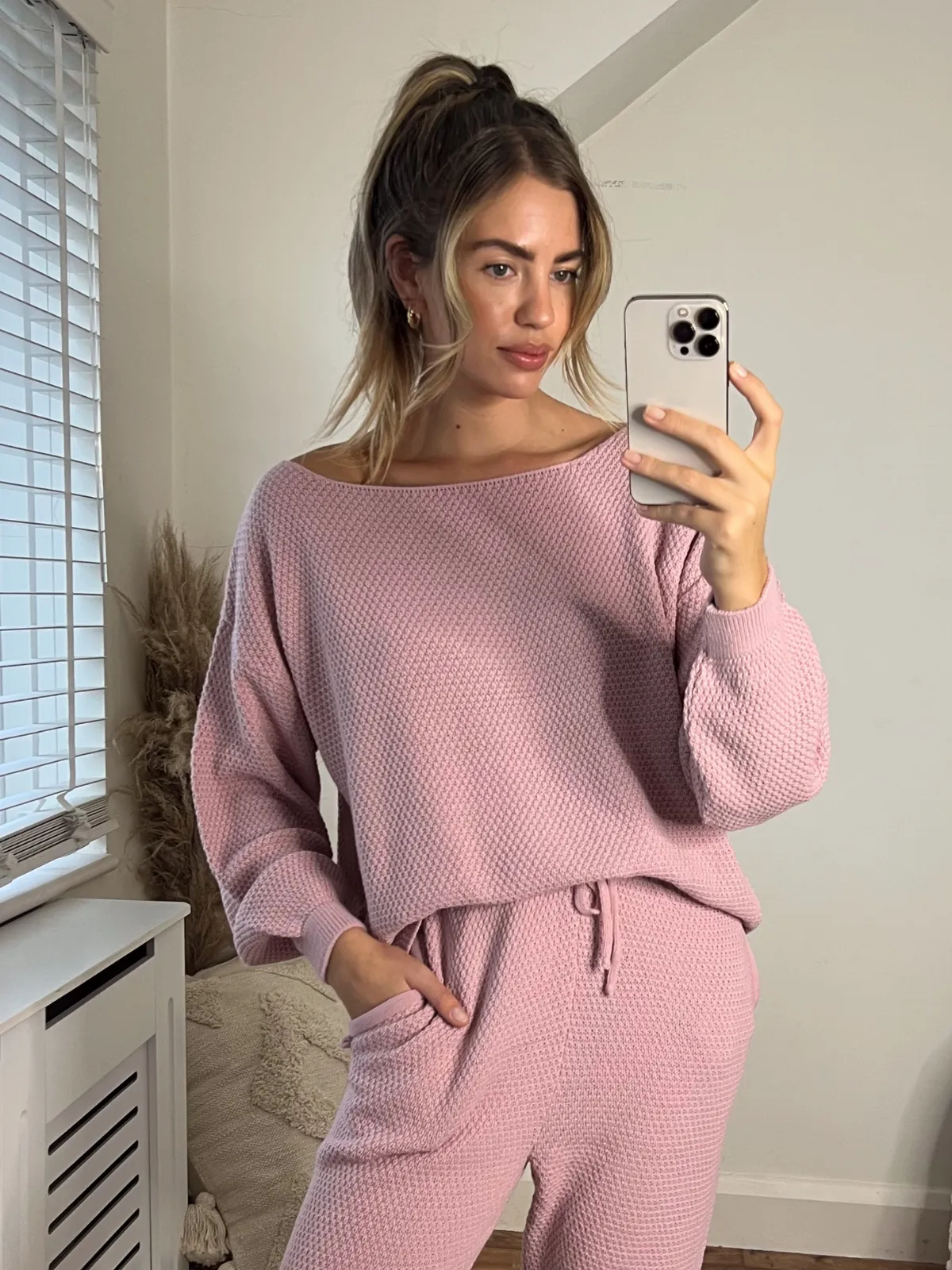 Imogen Waffle Slouchy Jumper / Pink