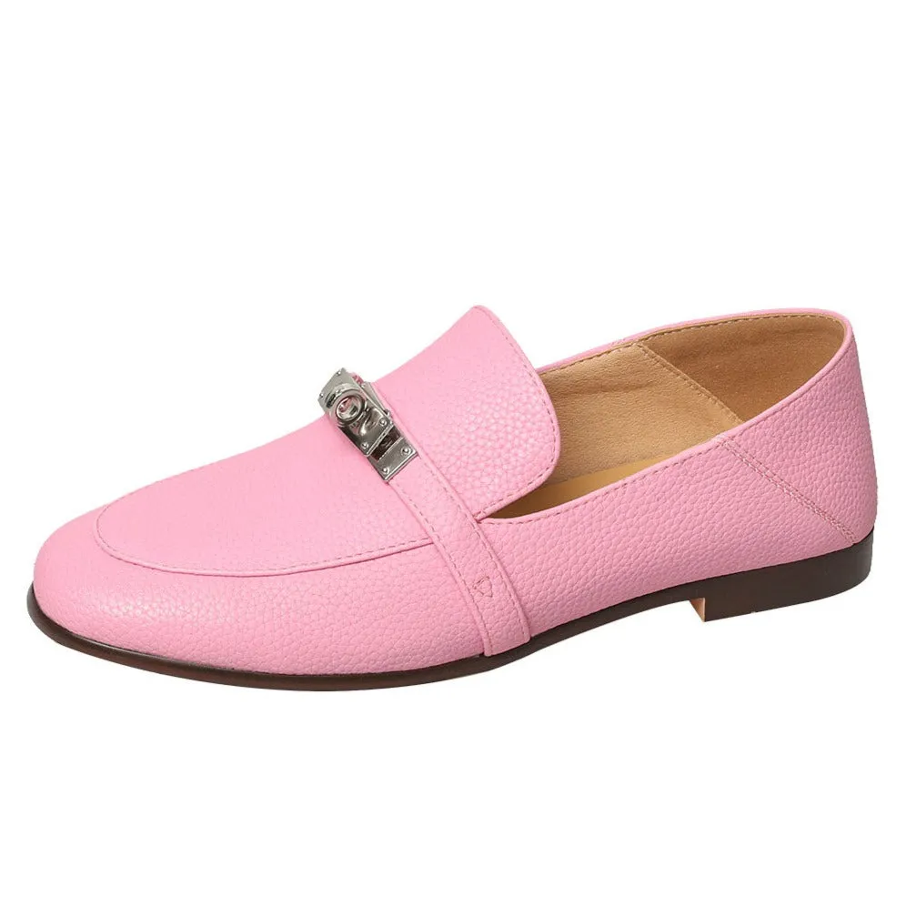 Leather Loafers Metal Locking Women Classic Leather Flat Shoes