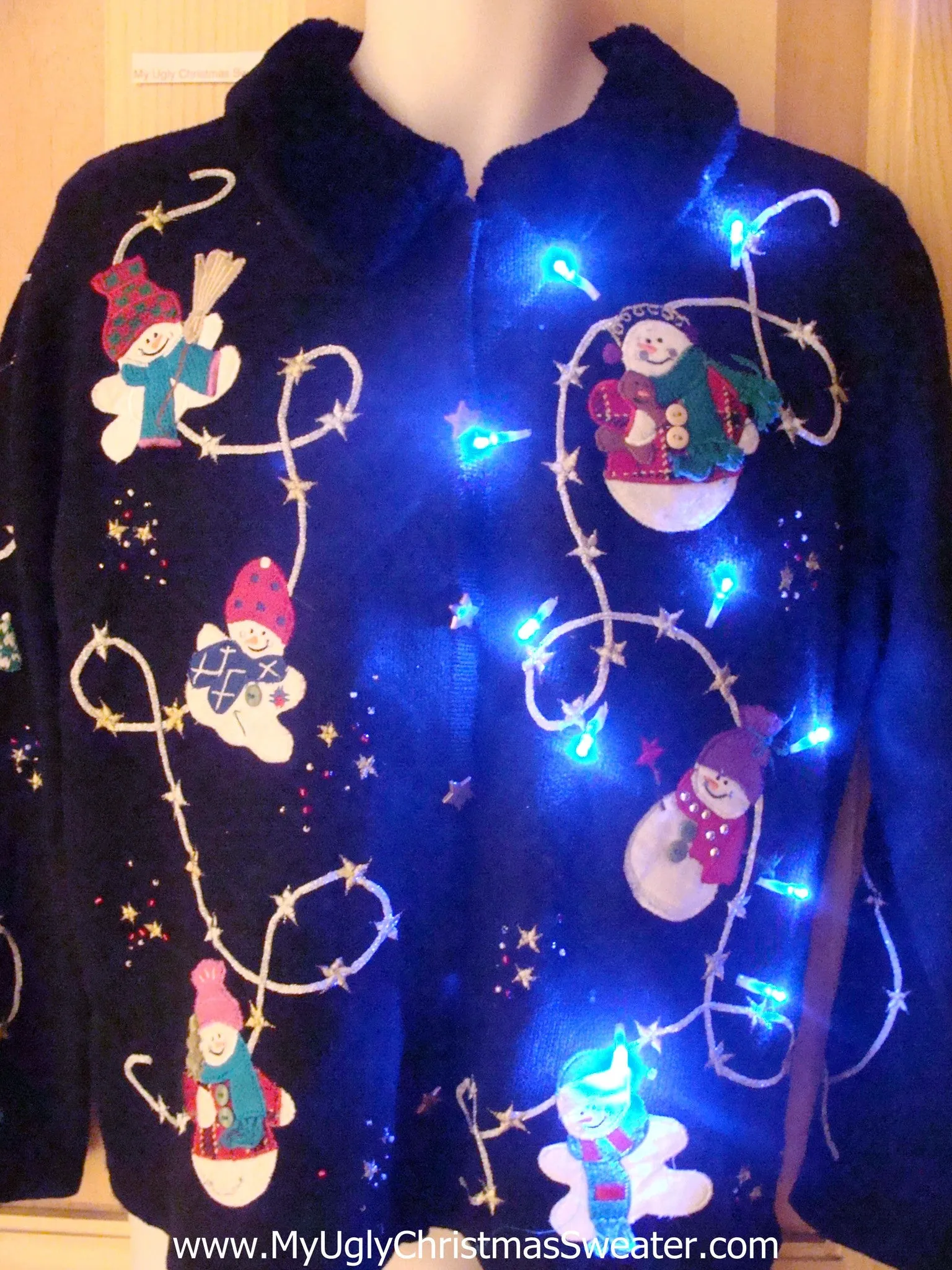 Light Up Christmas Sweater Flying Snowmen at Night