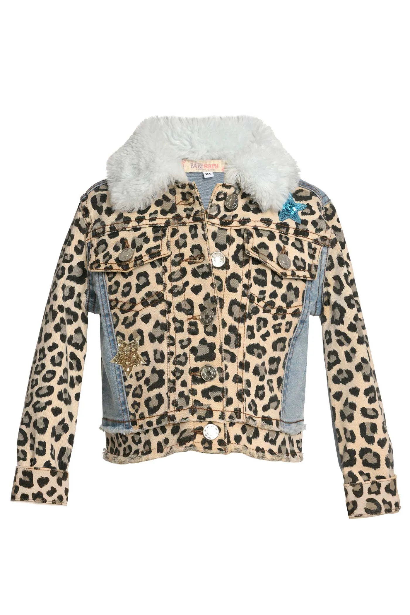 Little Girls Animal Print Fur Collar Denim Jacket