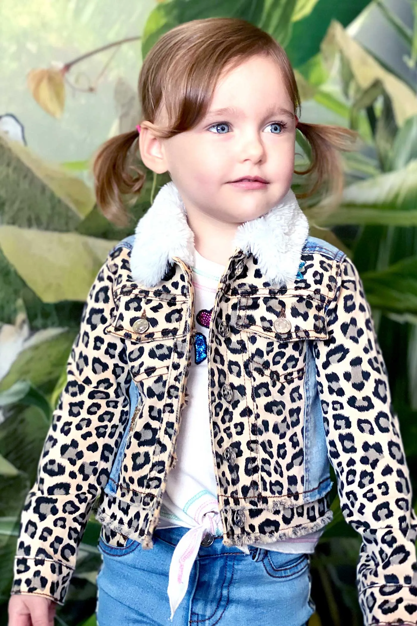 Little Girls Animal Print Fur Collar Denim Jacket