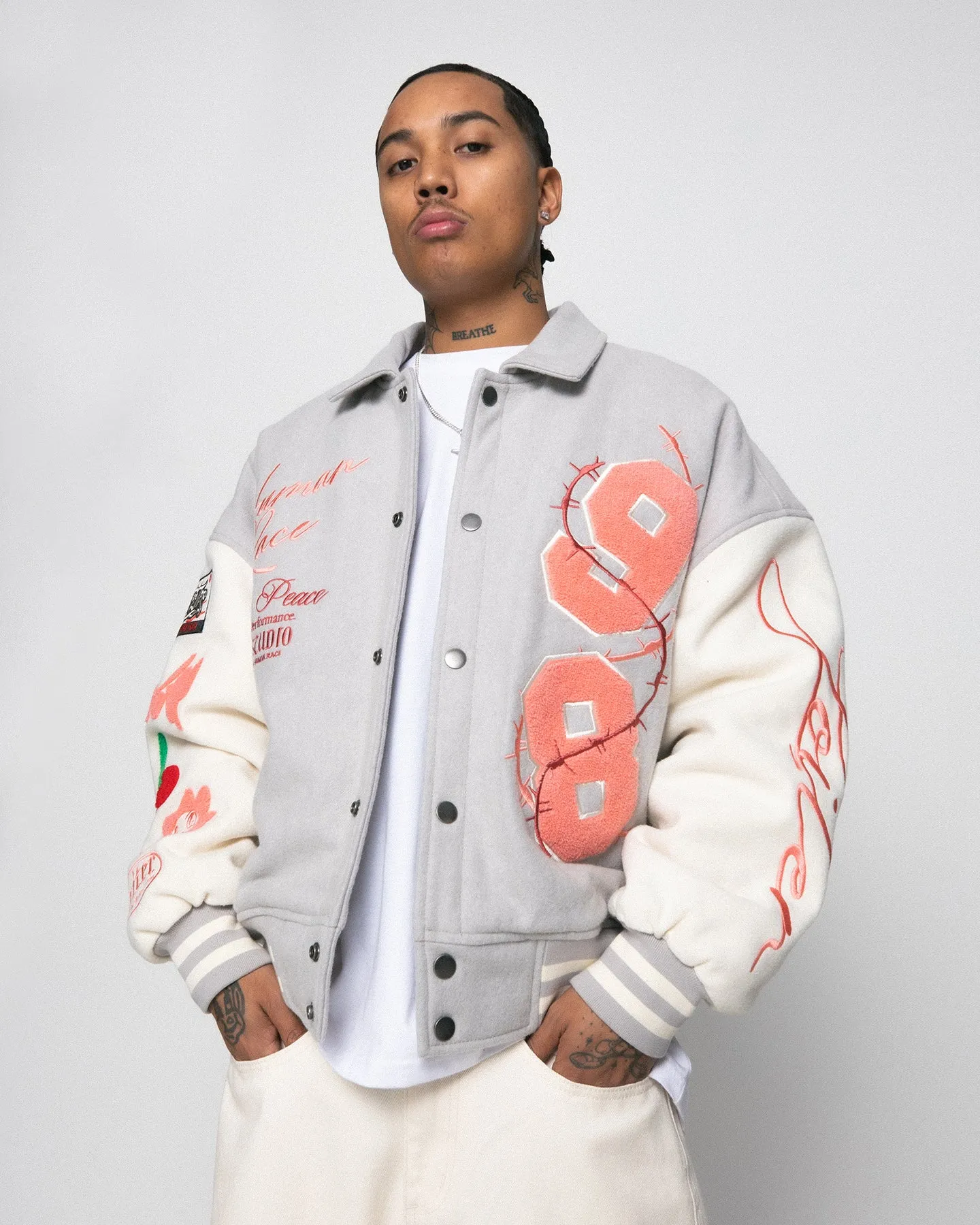 Loiter Flower Varsity Jacket Light Grey/Off White