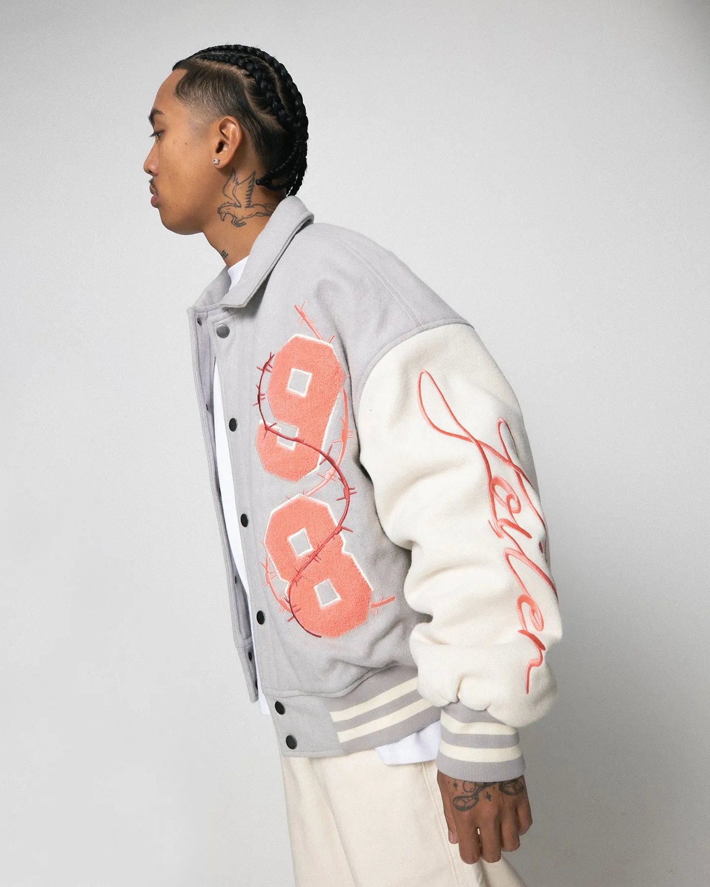 Loiter Flower Varsity Jacket Light Grey/Off White