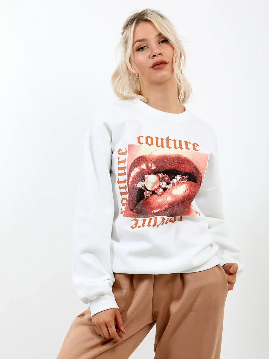 Lorena Couture Lip Graphic Sweatshirt Jumper In Cream