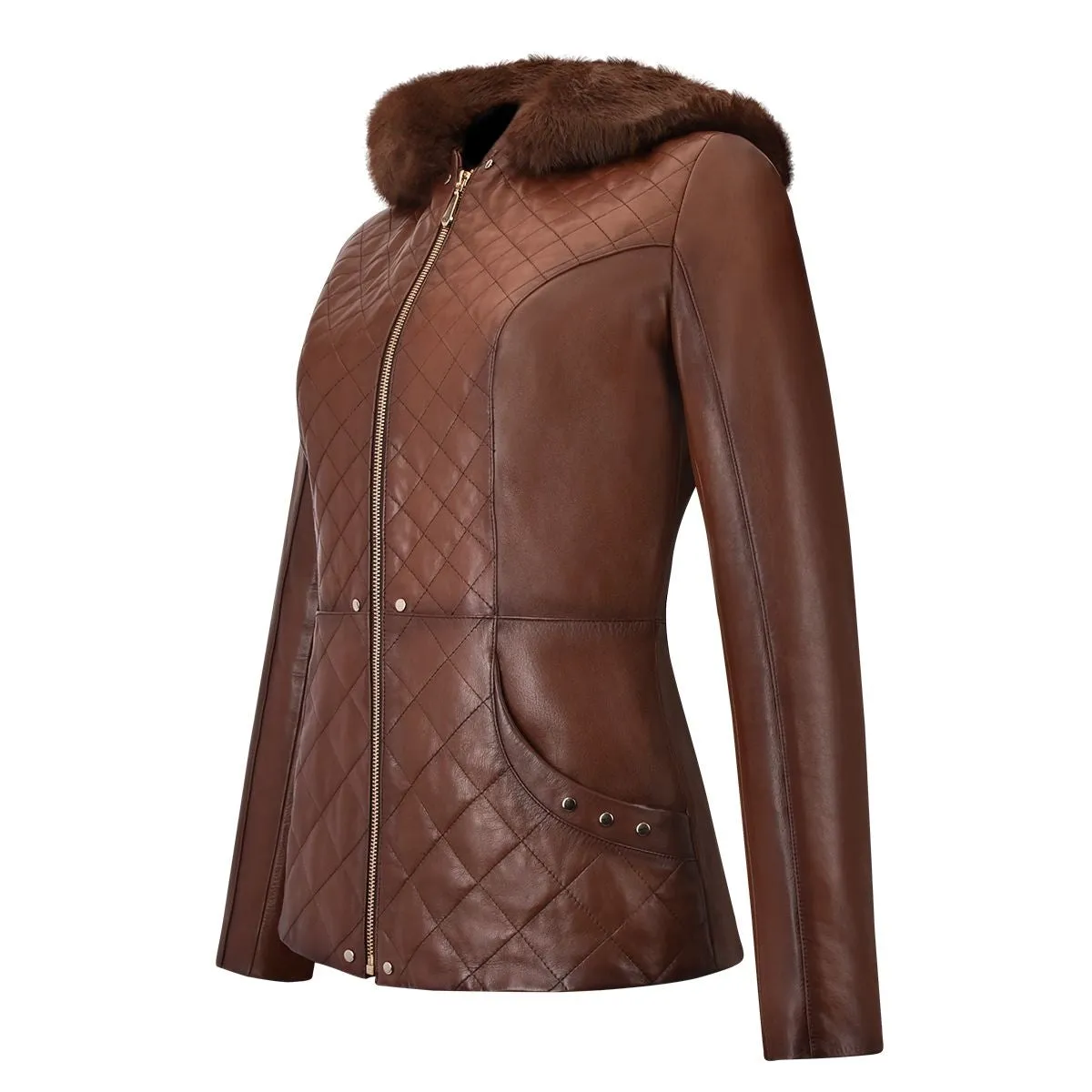 M259COC - Cuadra brown fashion sheepskin quilted parka jacket for women