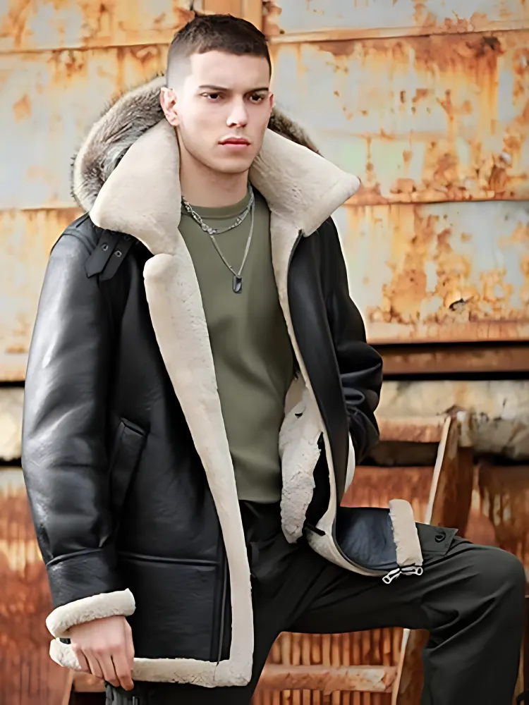 Men’s B3 Shearling Leather Jacket with Hoodie