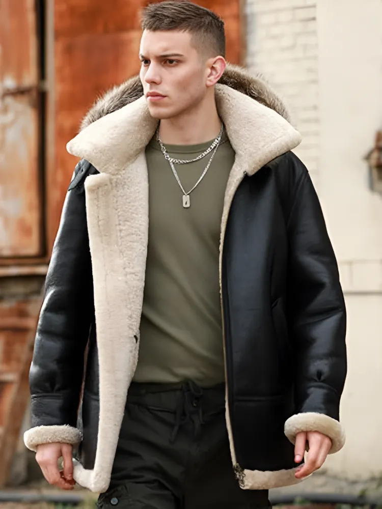 Men’s B3 Shearling Leather Jacket with Hoodie