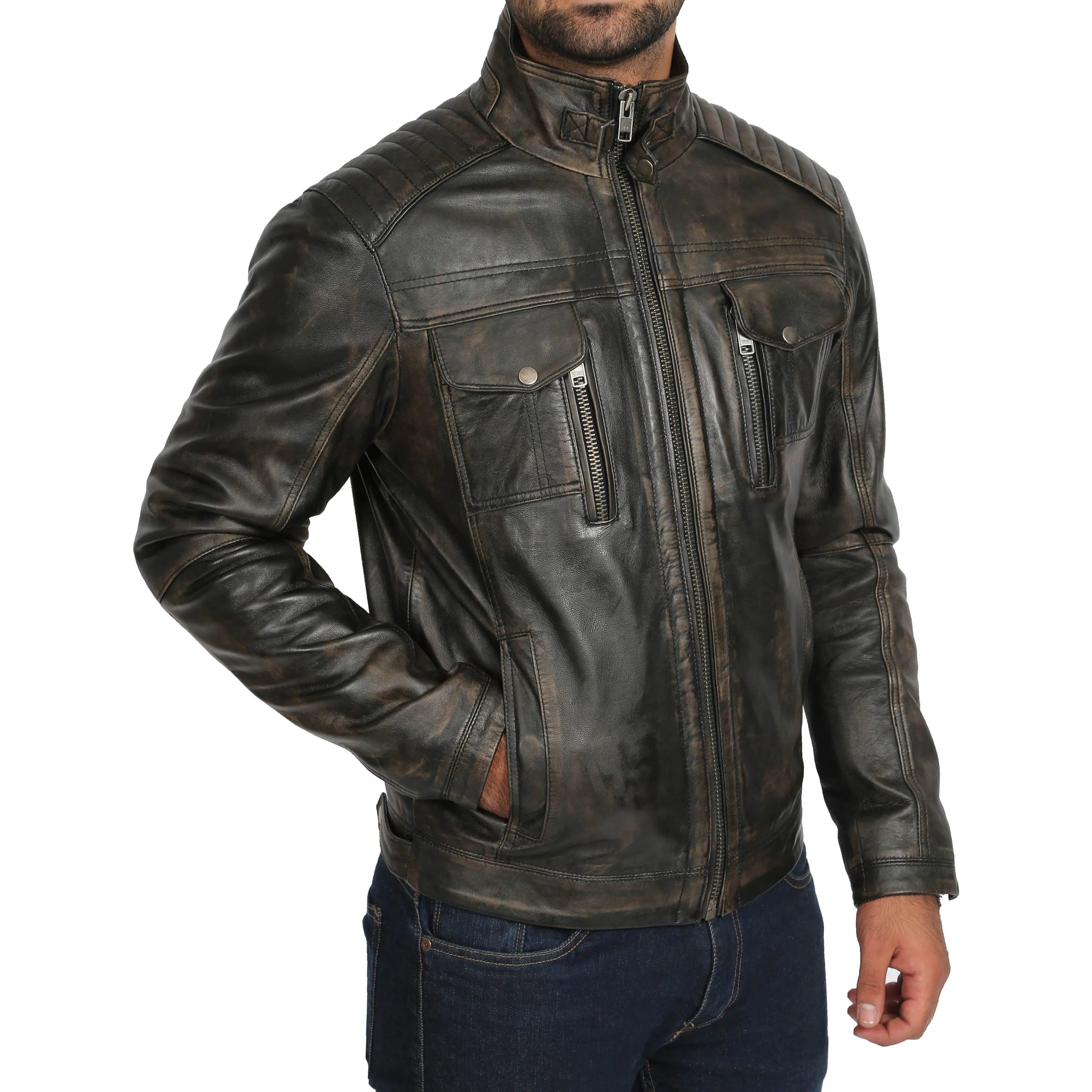 Mens Fitted Washed Biker Vintage Leather Aron Rub Off