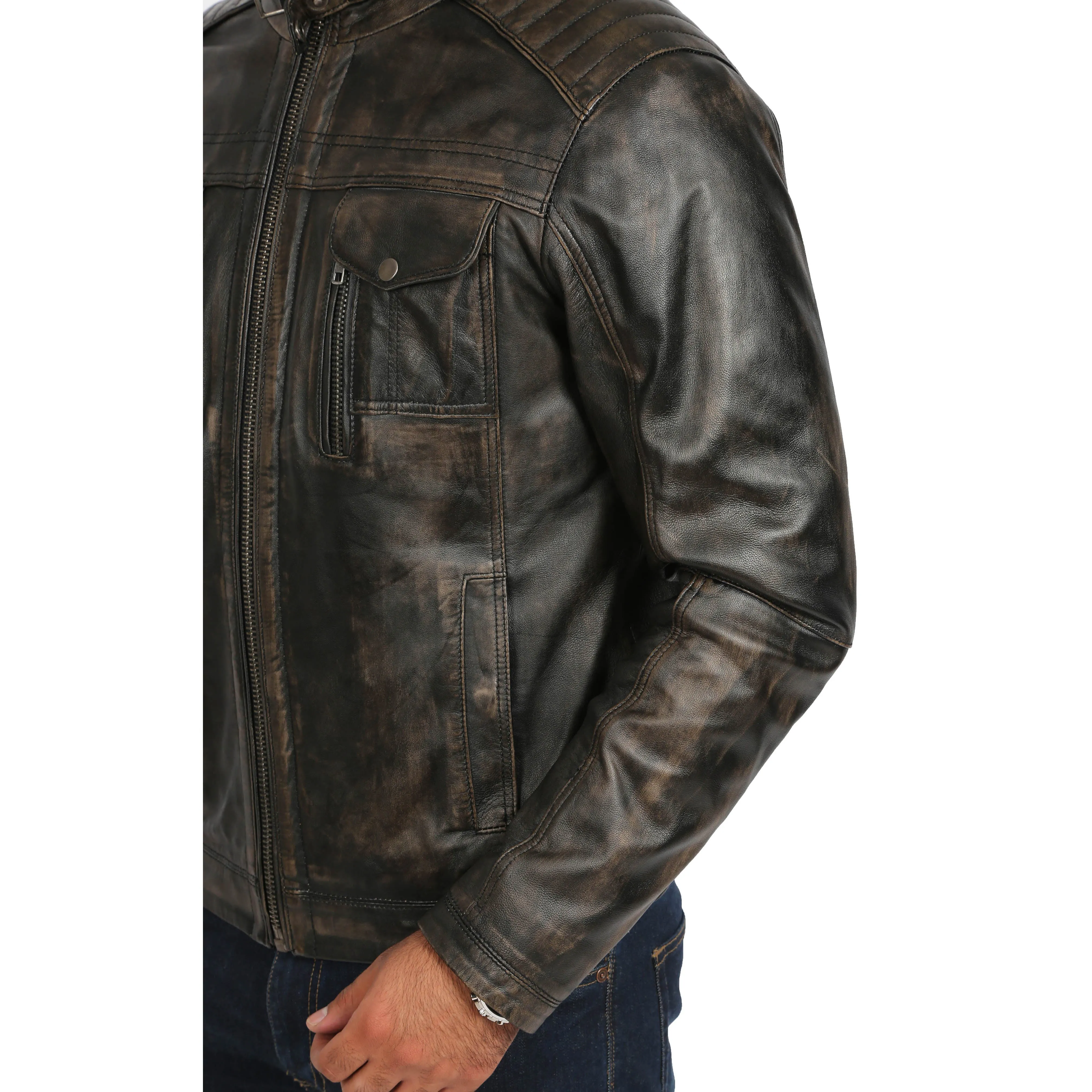 Mens Fitted Washed Biker Vintage Leather Aron Rub Off