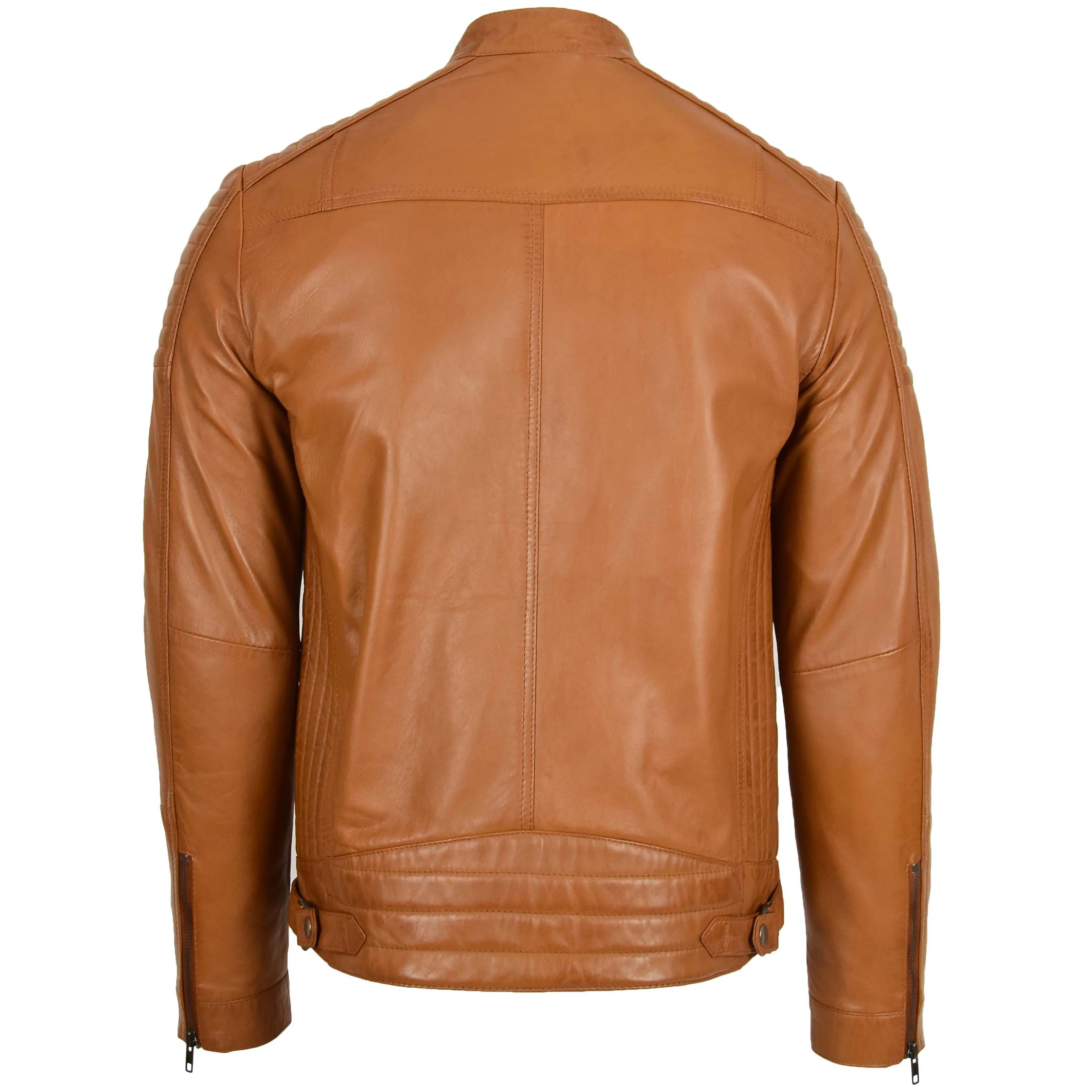 Mens Leather Cafe Racer Biker Jacket Ron Tan