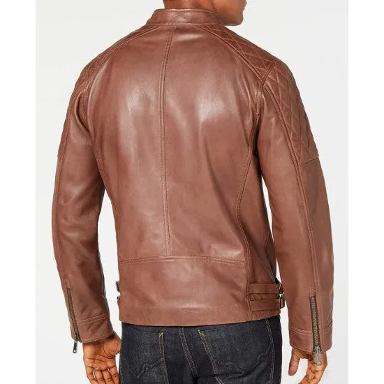 Mens Quilted Brown Leather Motorcycle Jacket