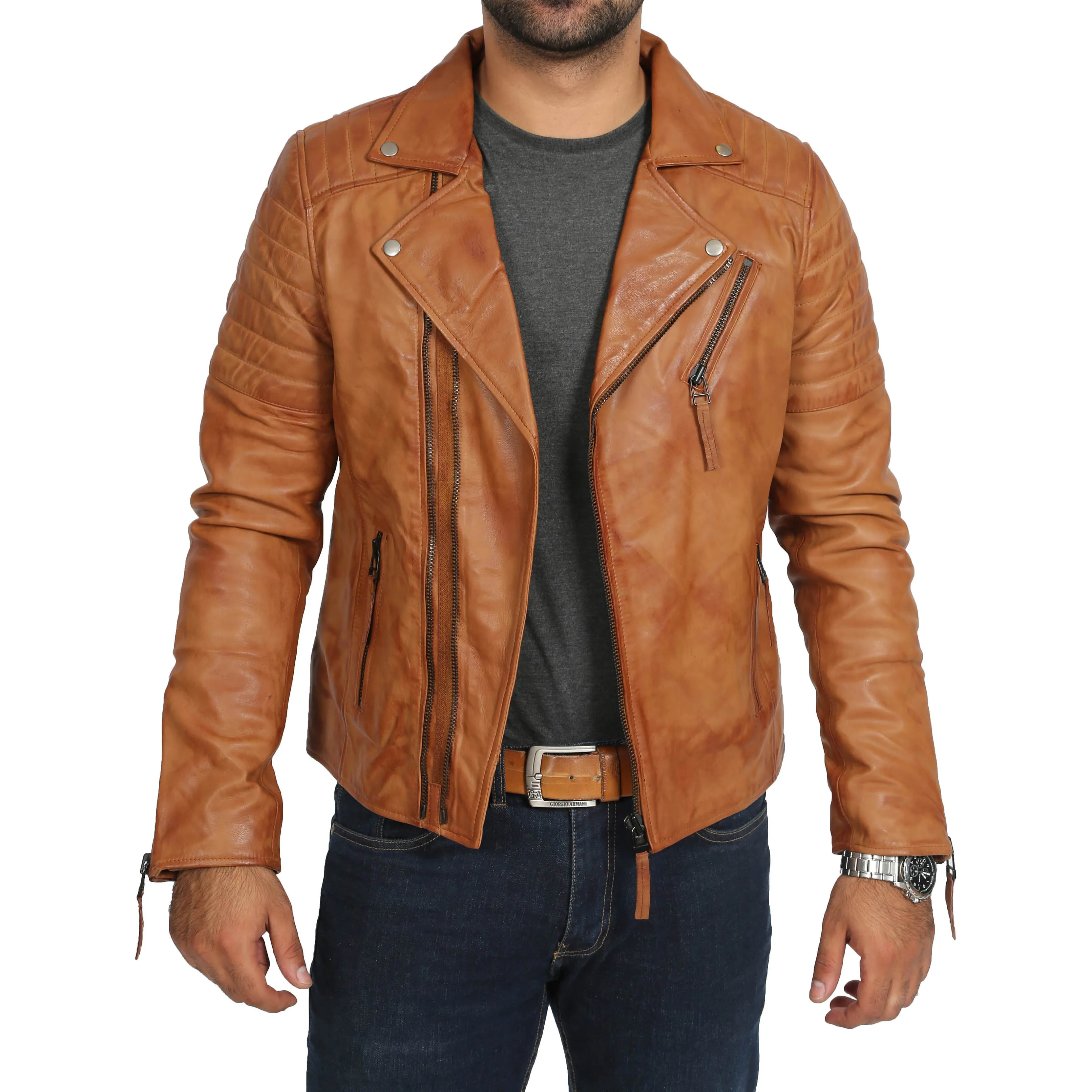 Mens Real Leather Biker Jacket Slim Fit Max Tan