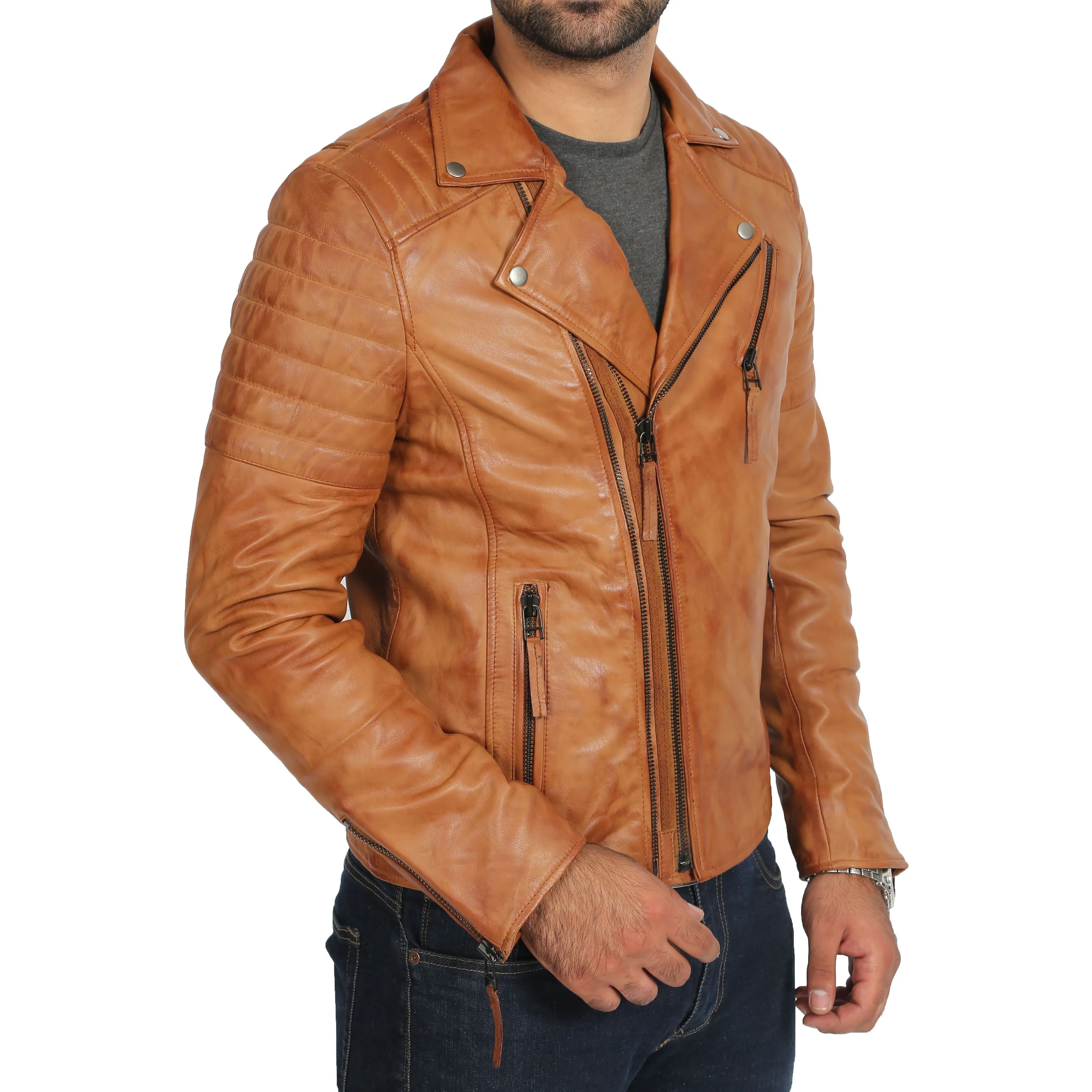 Mens Real Leather Biker Jacket Slim Fit Max Tan