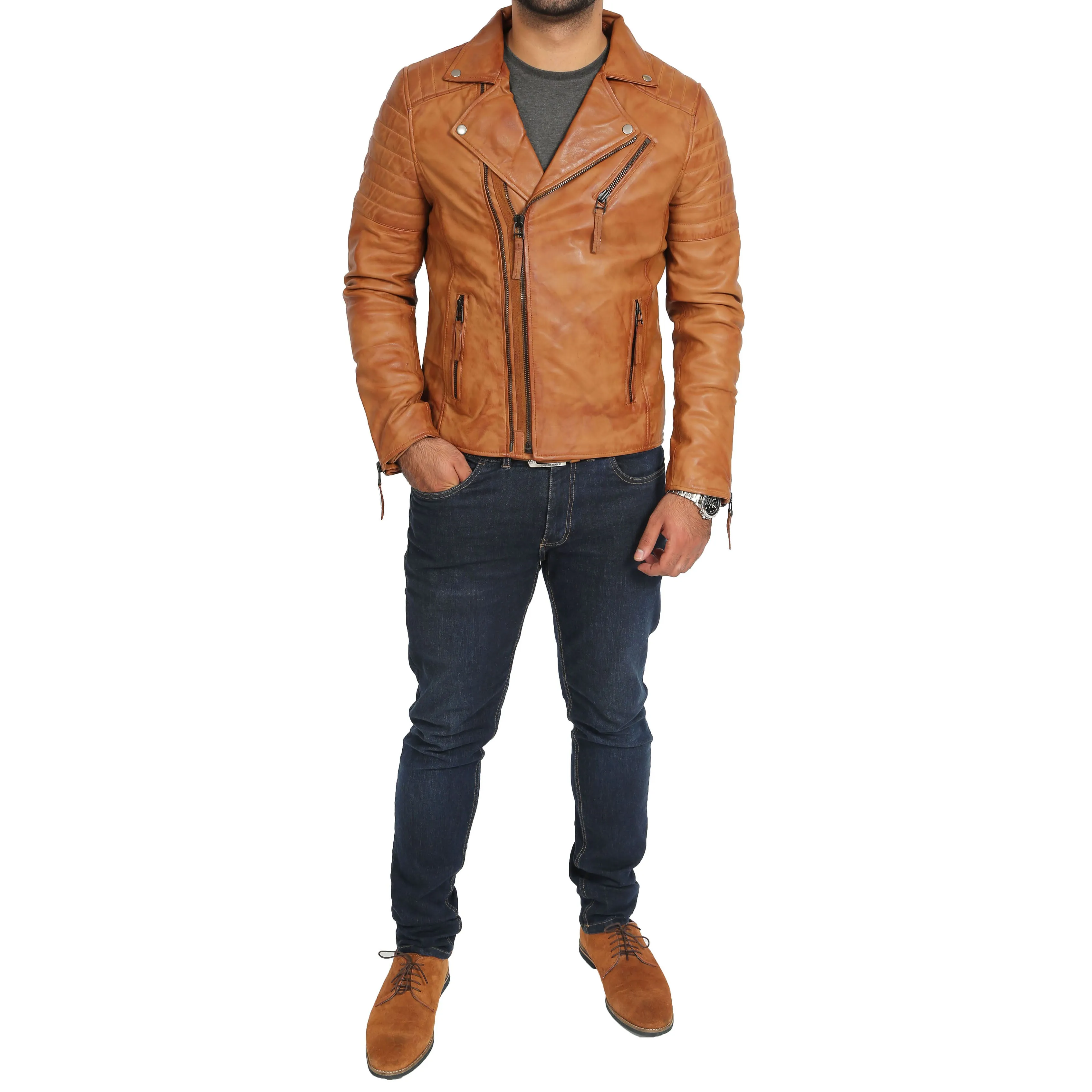 Mens Real Leather Biker Jacket Slim Fit Max Tan